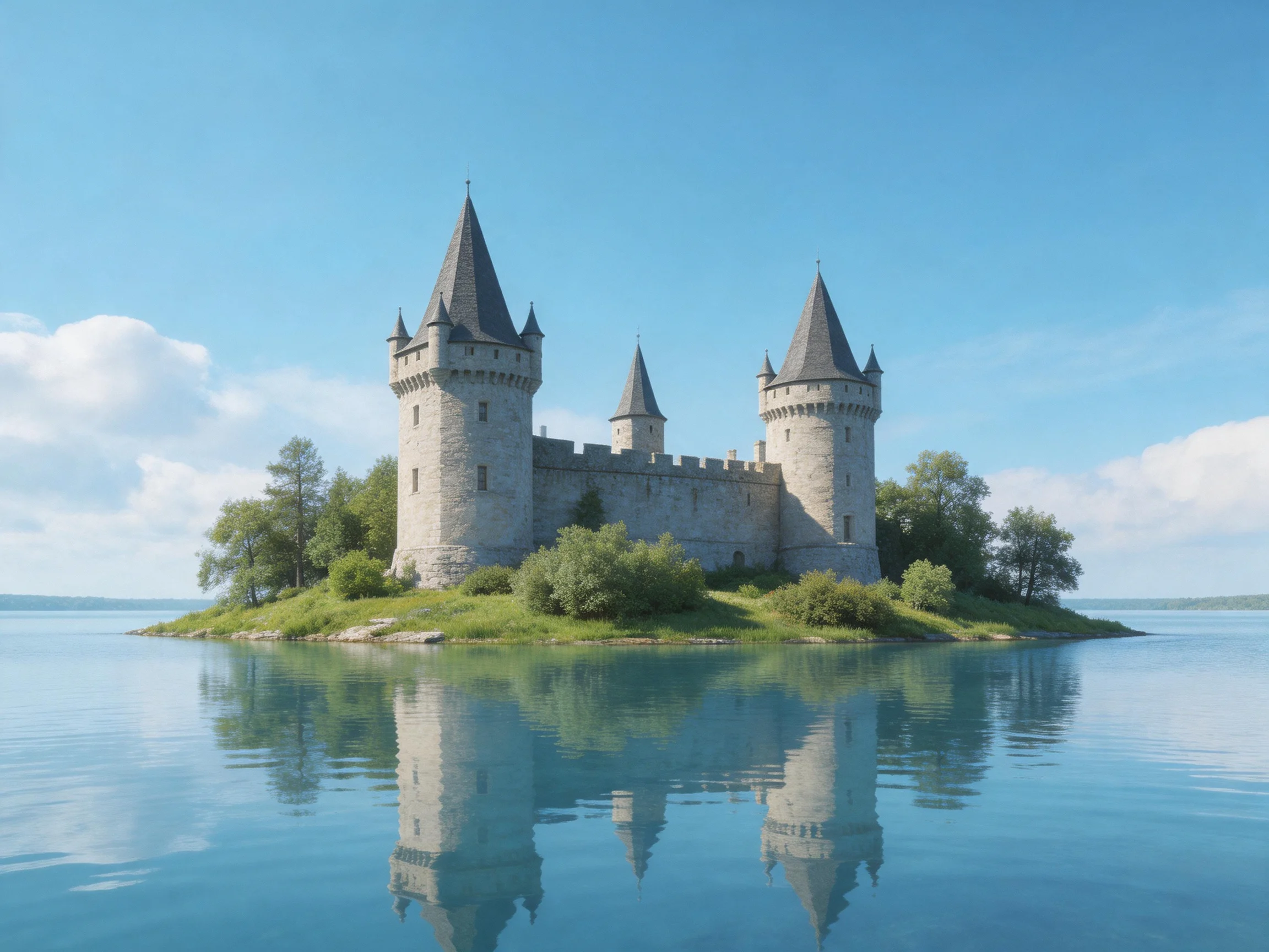 A medieval stone castle on a lush green island with calm blue waters