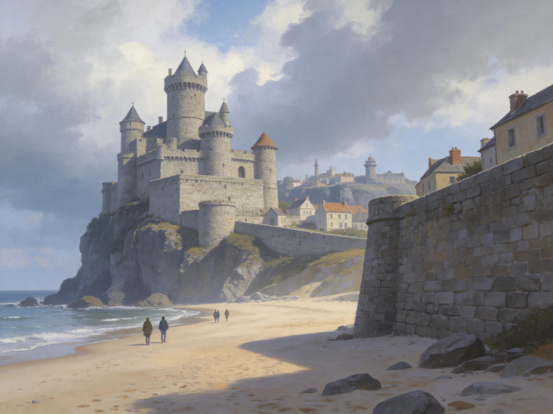 A medieval stone castle overlooks a coastal sandy shoreline