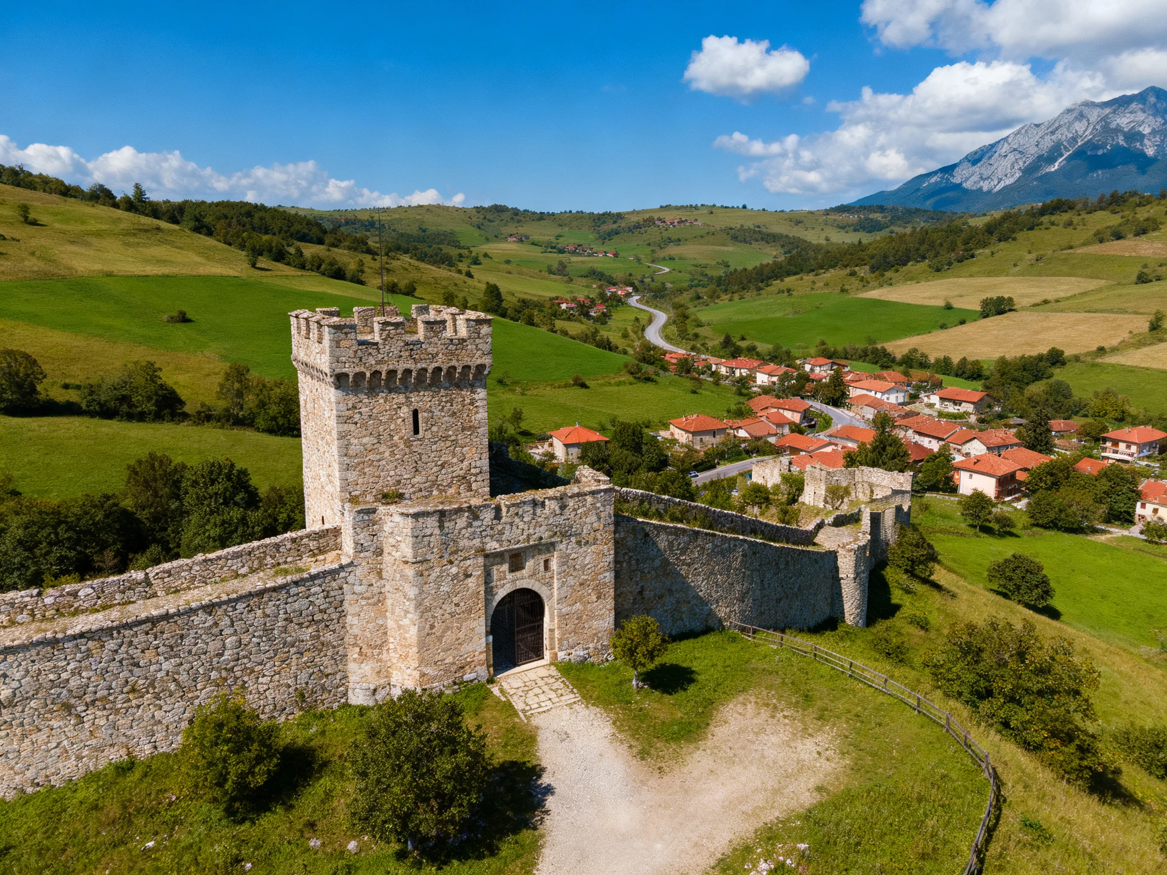 A medieval stone castle overlooks a red-roofed village amid lush green hills