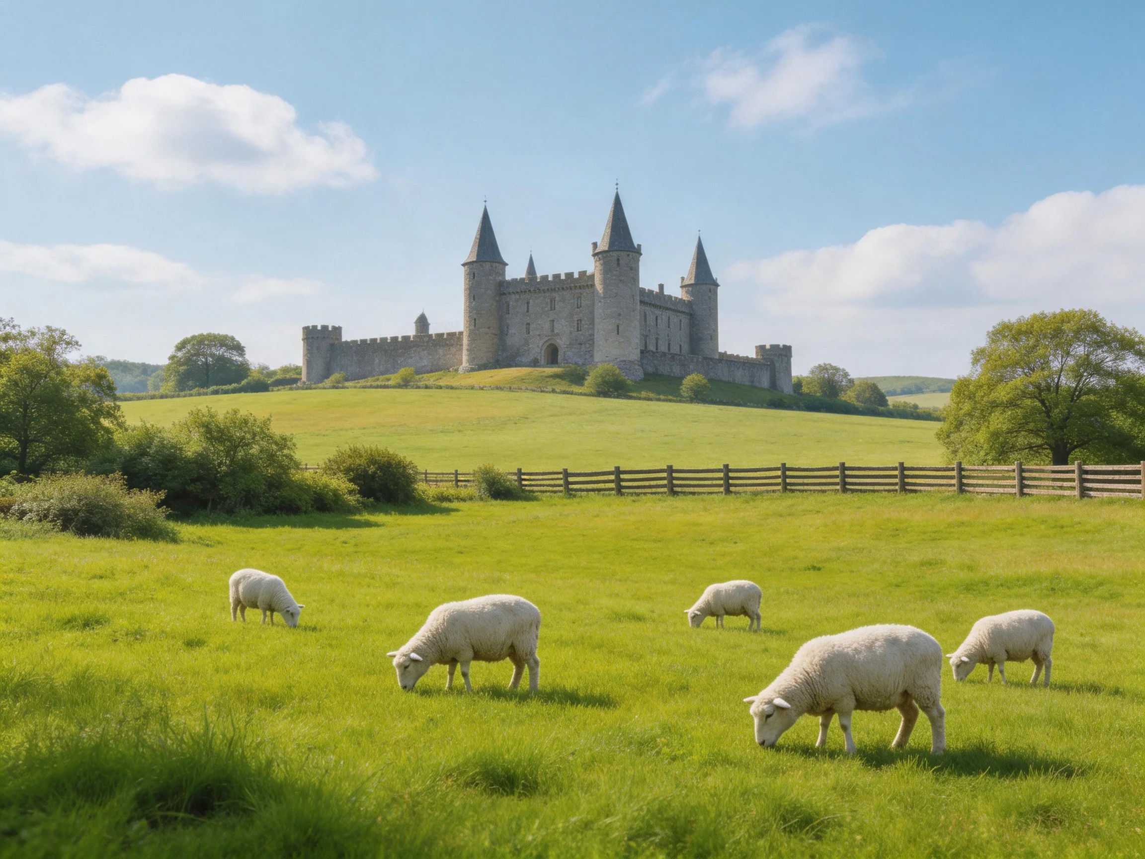 A medieval stone castle overlooks a verdant pasture with five sheep