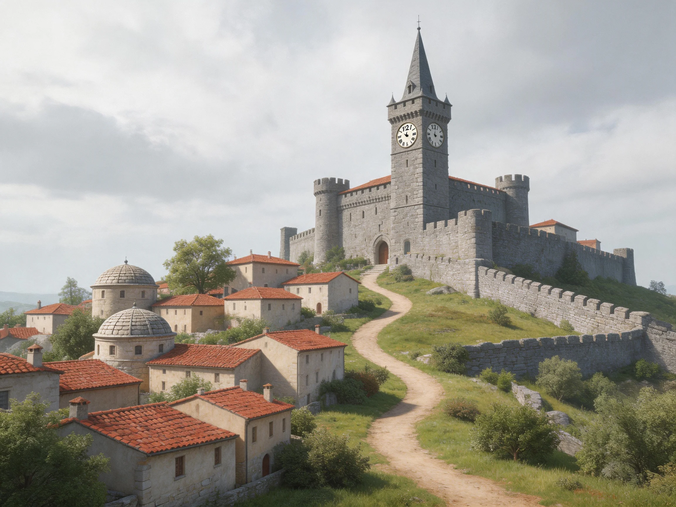 A medieval stone castle overlooks a village with red-tiled homes