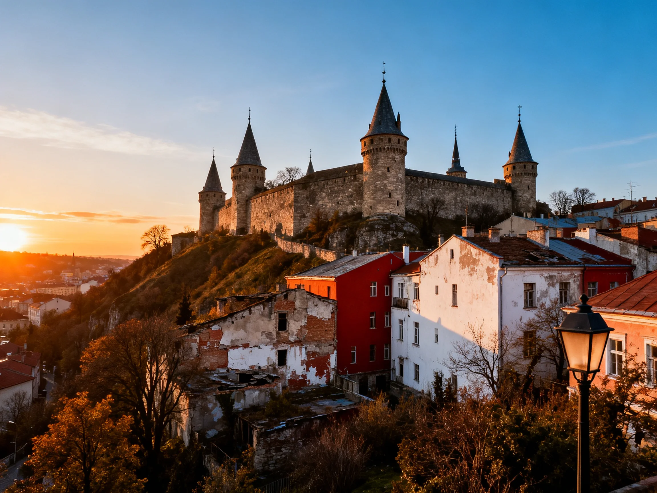 A medieval stone castle overlooks colorful town buildings at sunset