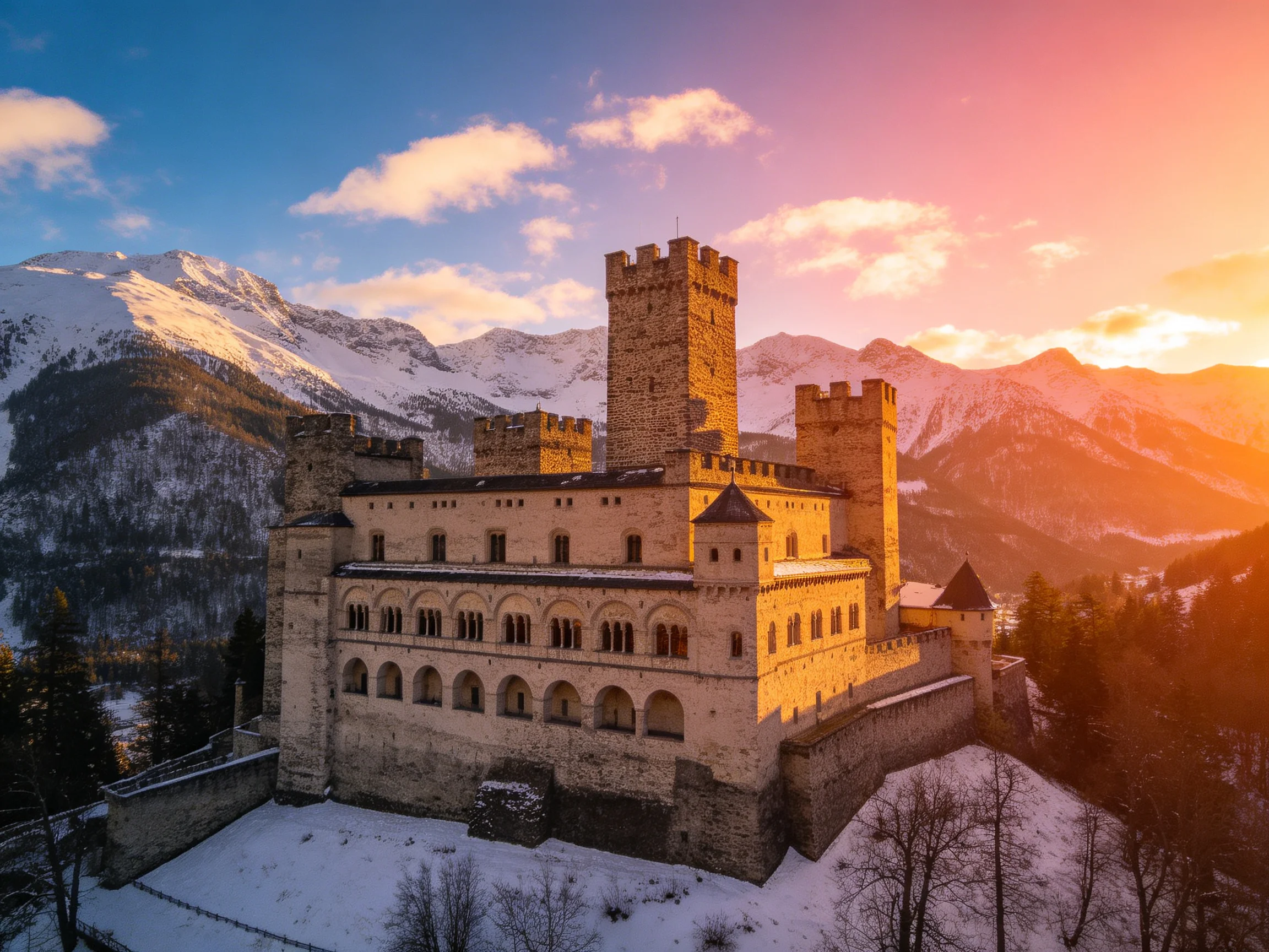 A medieval stone castle overlooks snow-capped mountain peaks at sunset