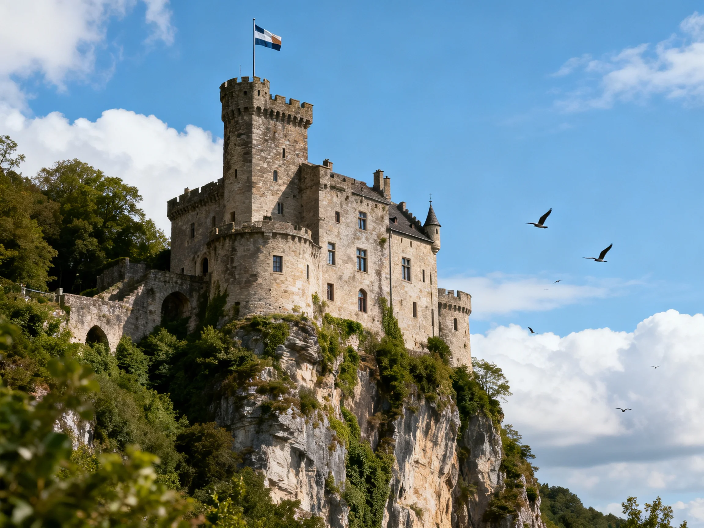 A medieval stone castle perched atop a rocky cliff under bright blue skies