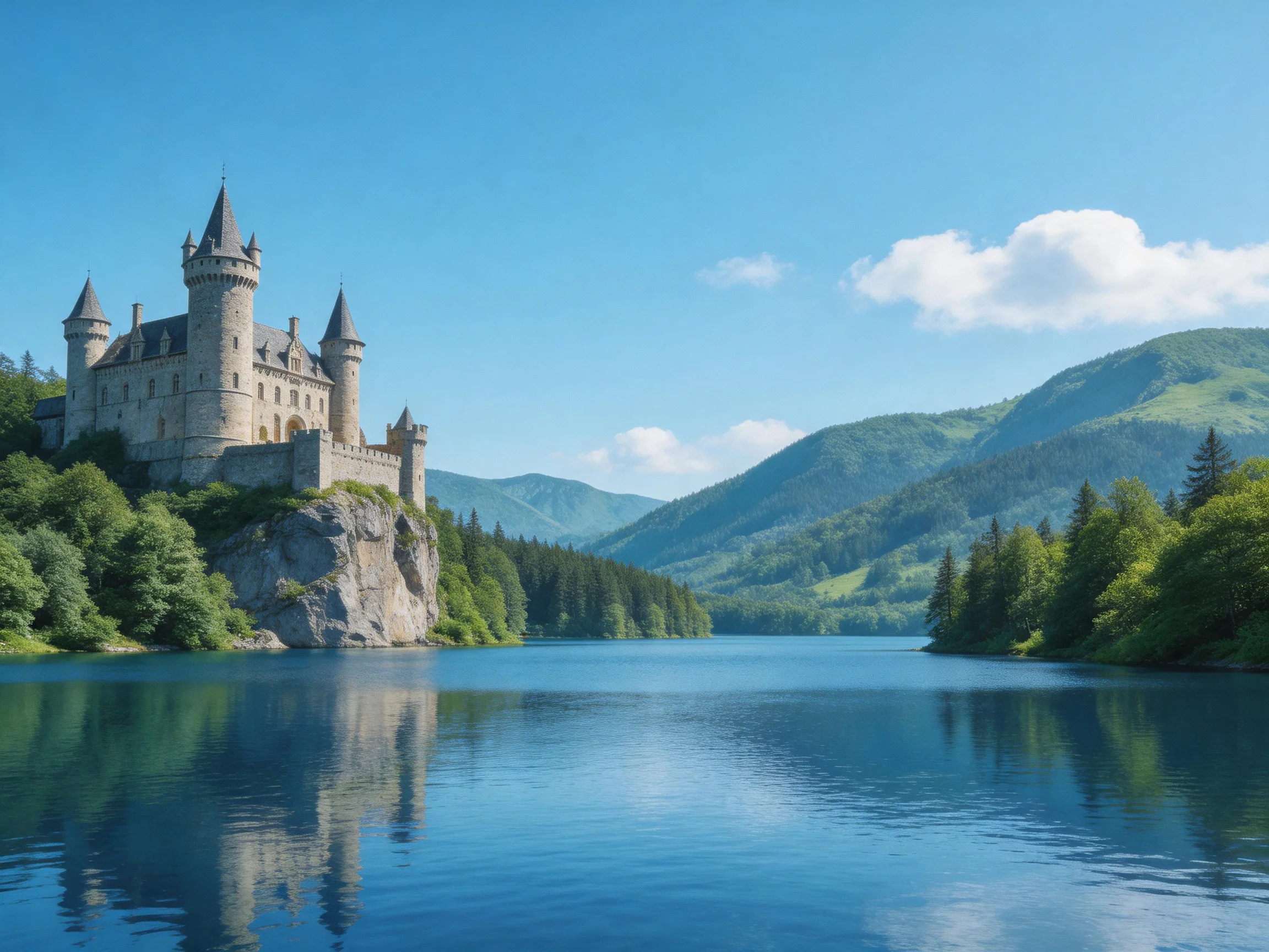 A medieval stone castle perched on a rocky cliff beside calm blue waters