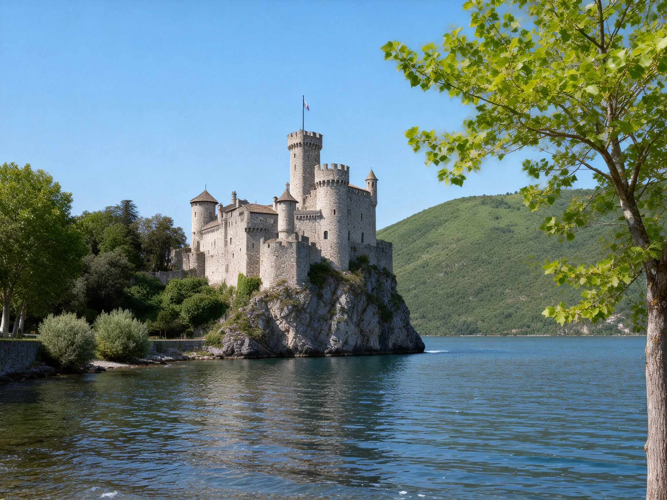 A medieval stone castle perched on a rocky lakeside cliff