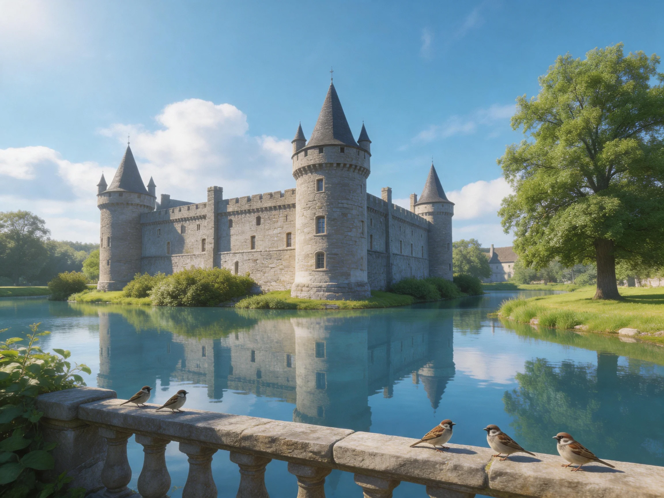 A medieval stone castle reflected in tranquil blue waters
