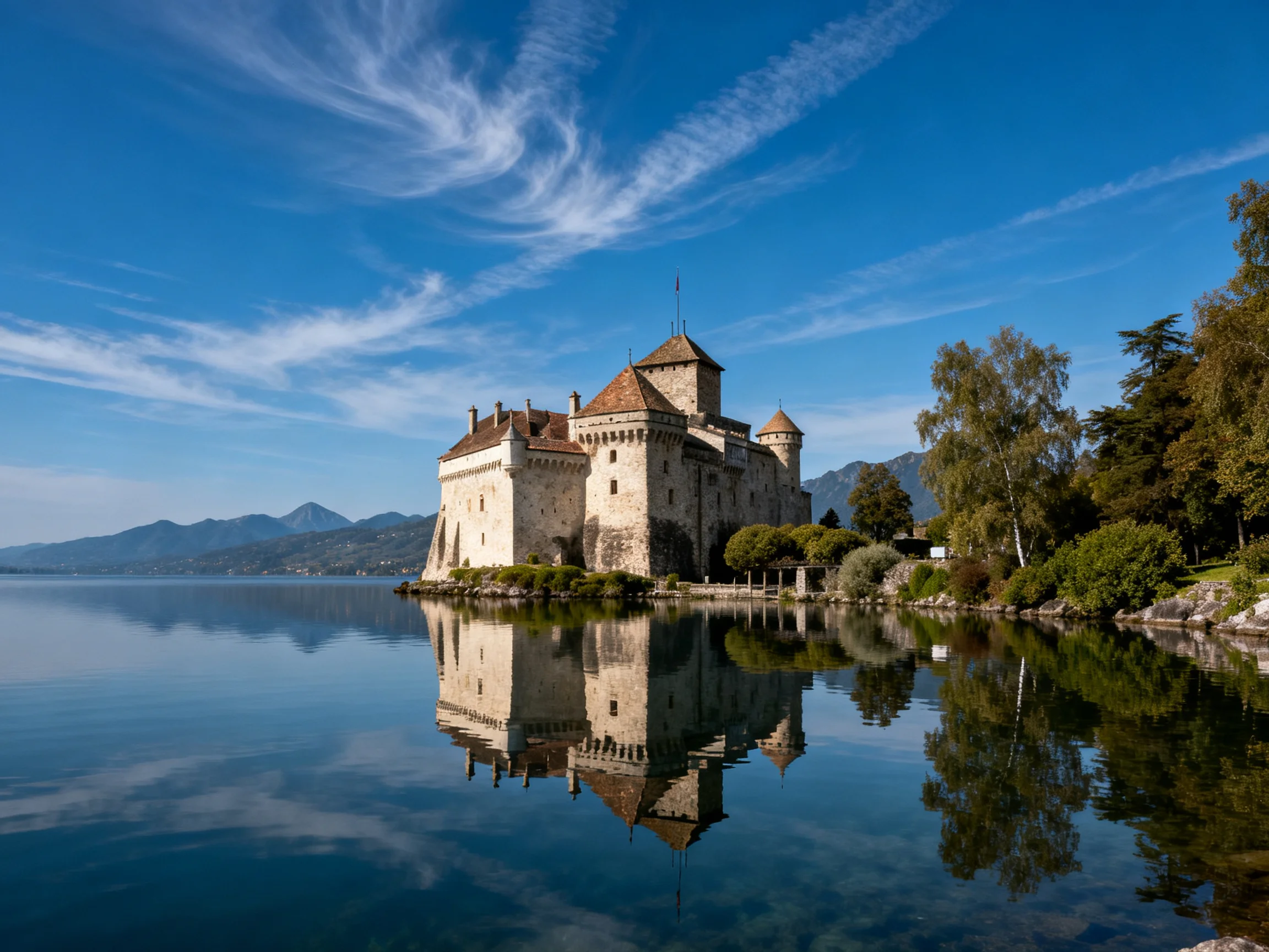 A medieval stone castle reflects in calm blue waters near lush greenery