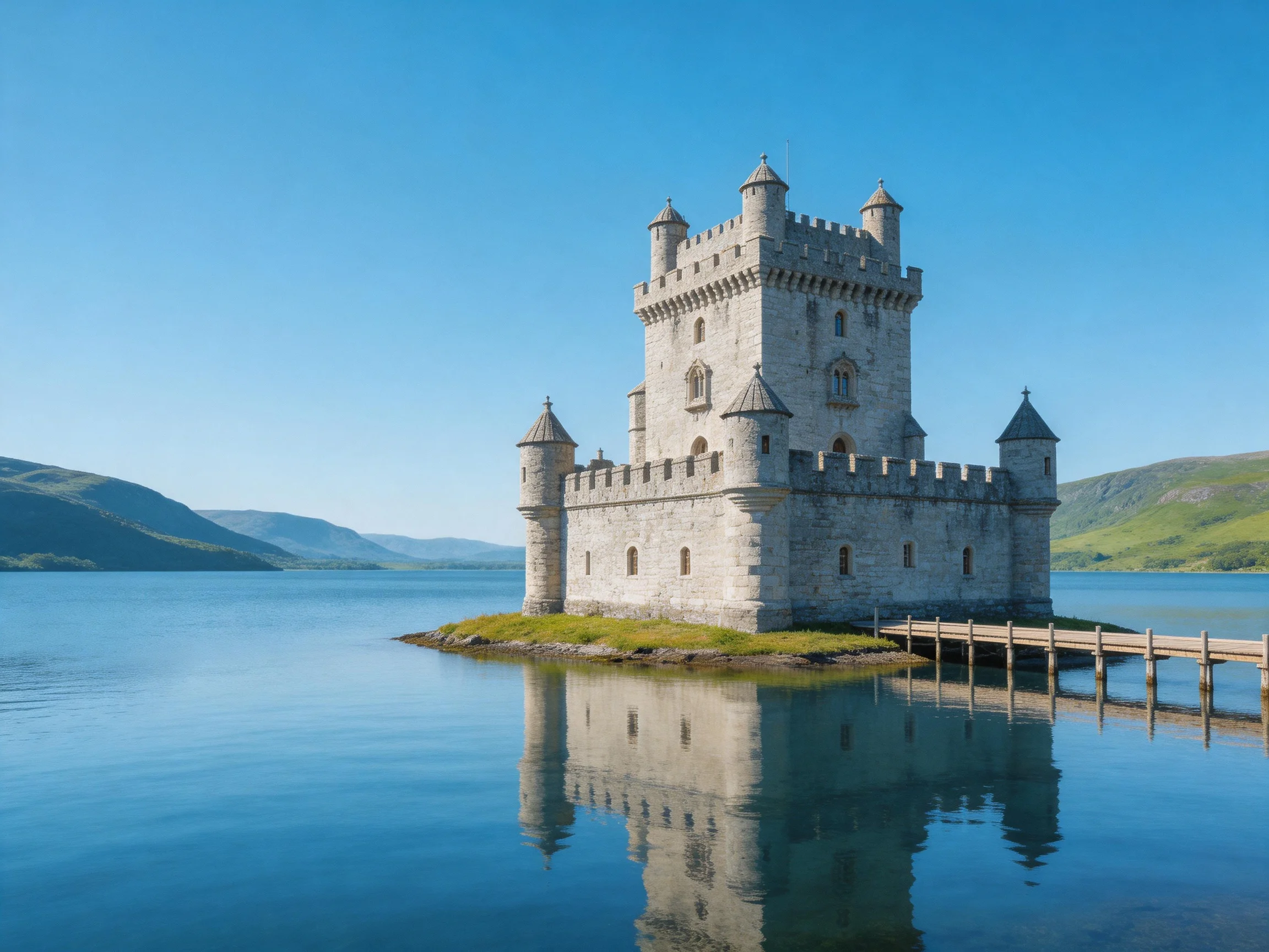 A medieval stone castle stands alone on a small island in calm blue waters