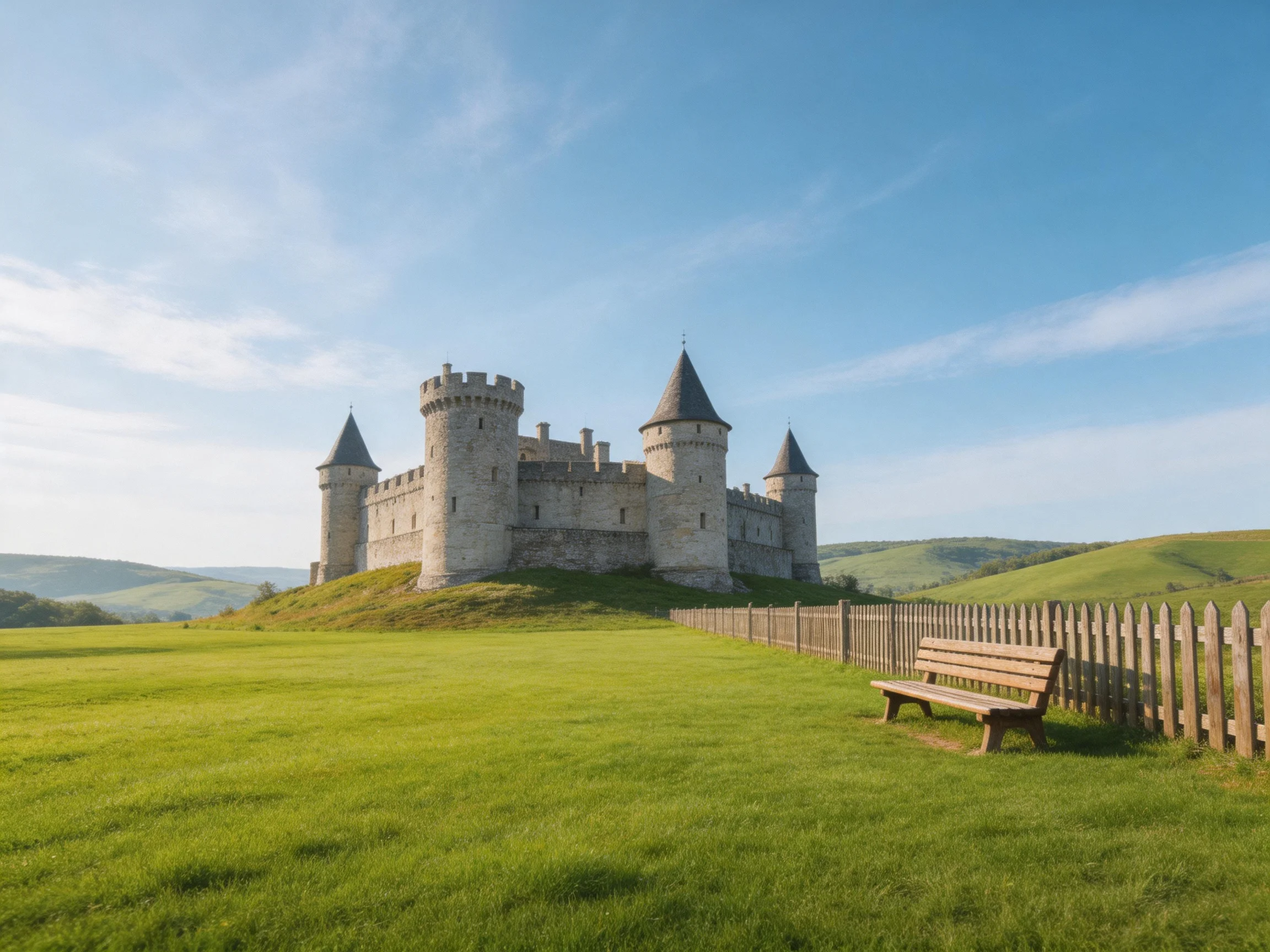A medieval stone castle stands on a grassy hill near a wooden fence