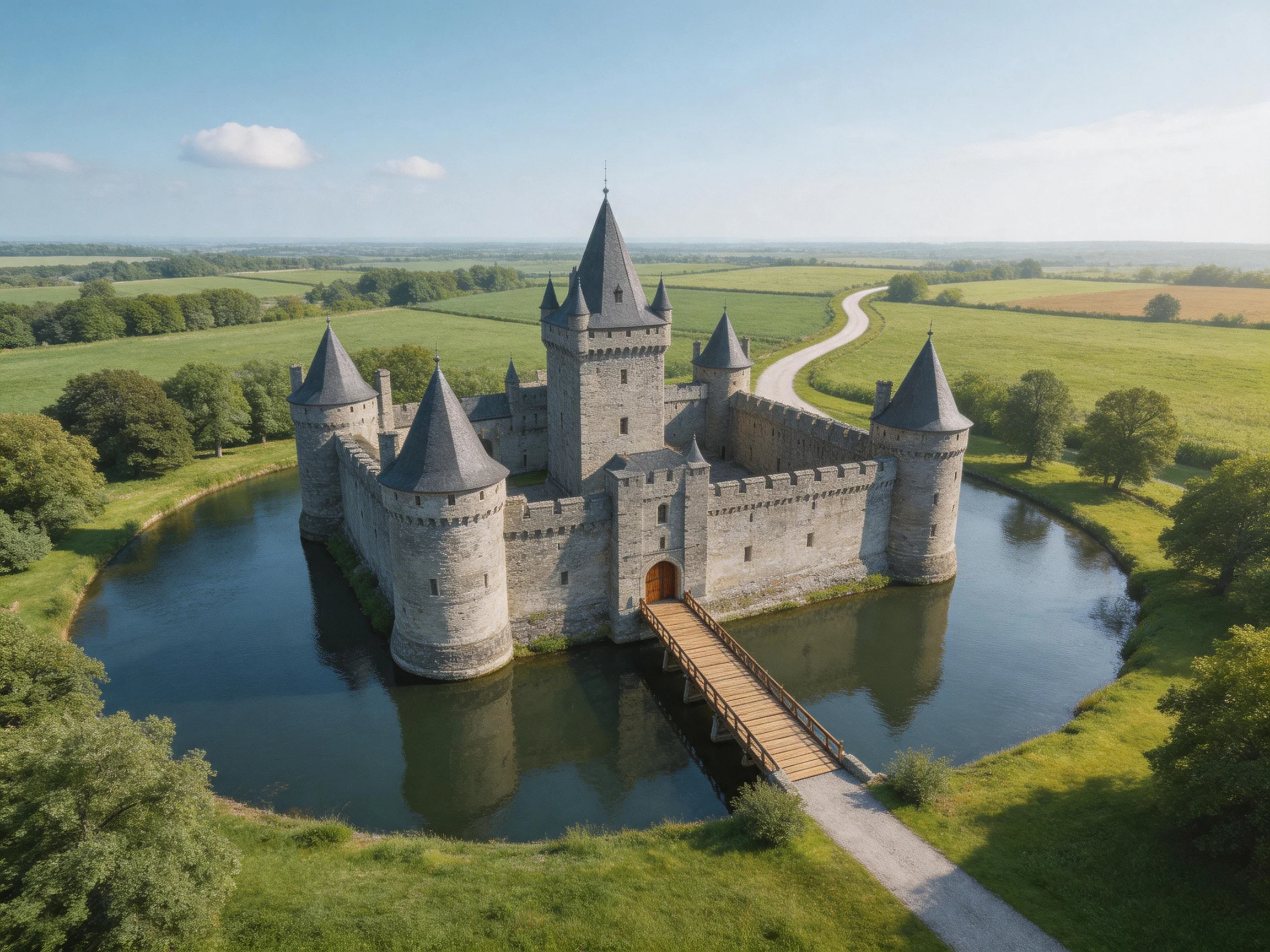 A medieval stone castle surrounded by a circular moat and lush green fields