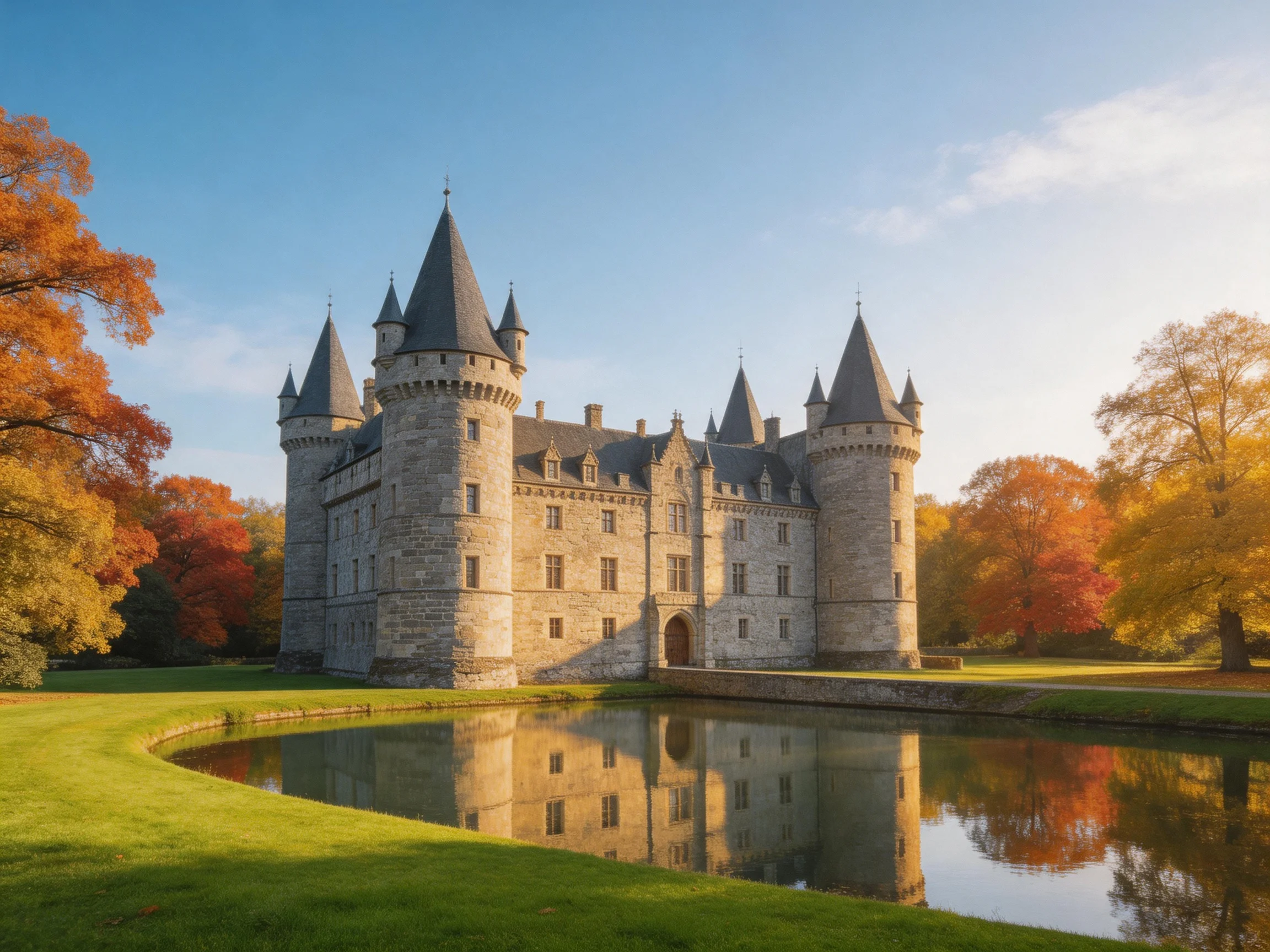 A medieval stone castle surrounded by autumn foliage near reflective waters