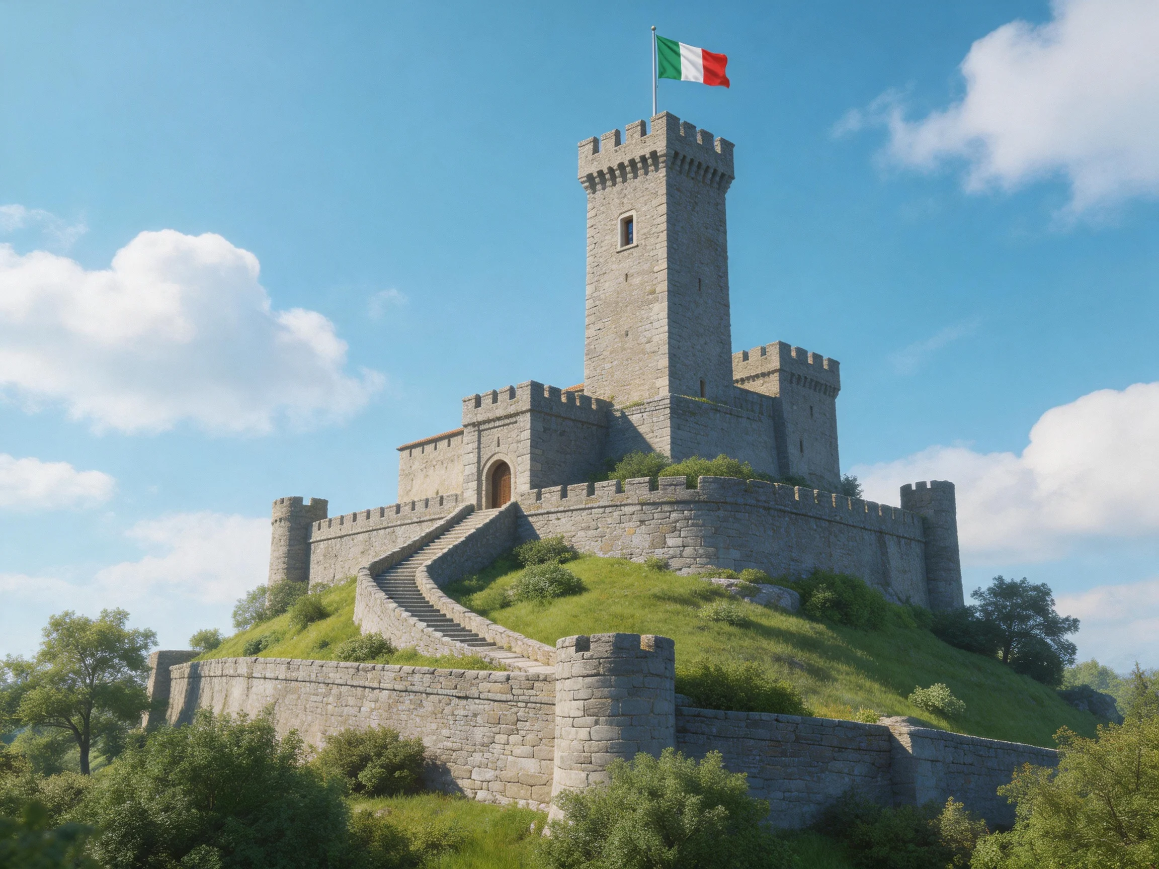 A medieval stone castle tower atop a grassy hill under blue sky