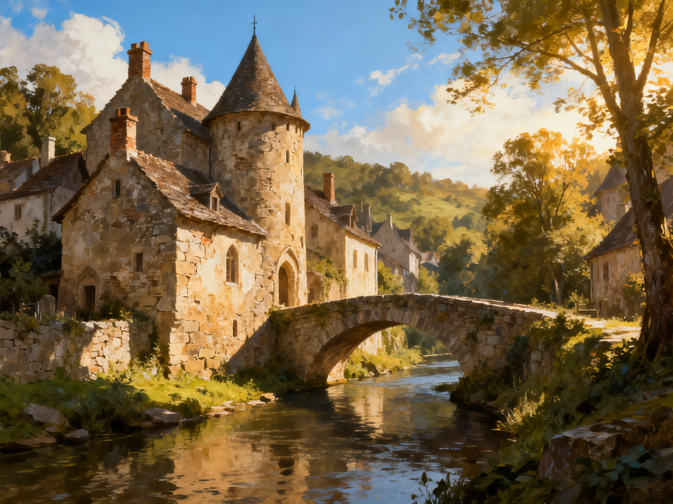 A medieval stone castle with a stone bridge over a calm river