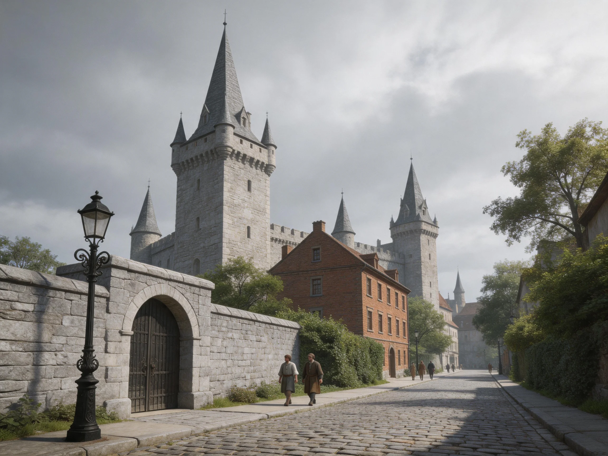 A medieval stone castle with brick buildings near a cobblestone street