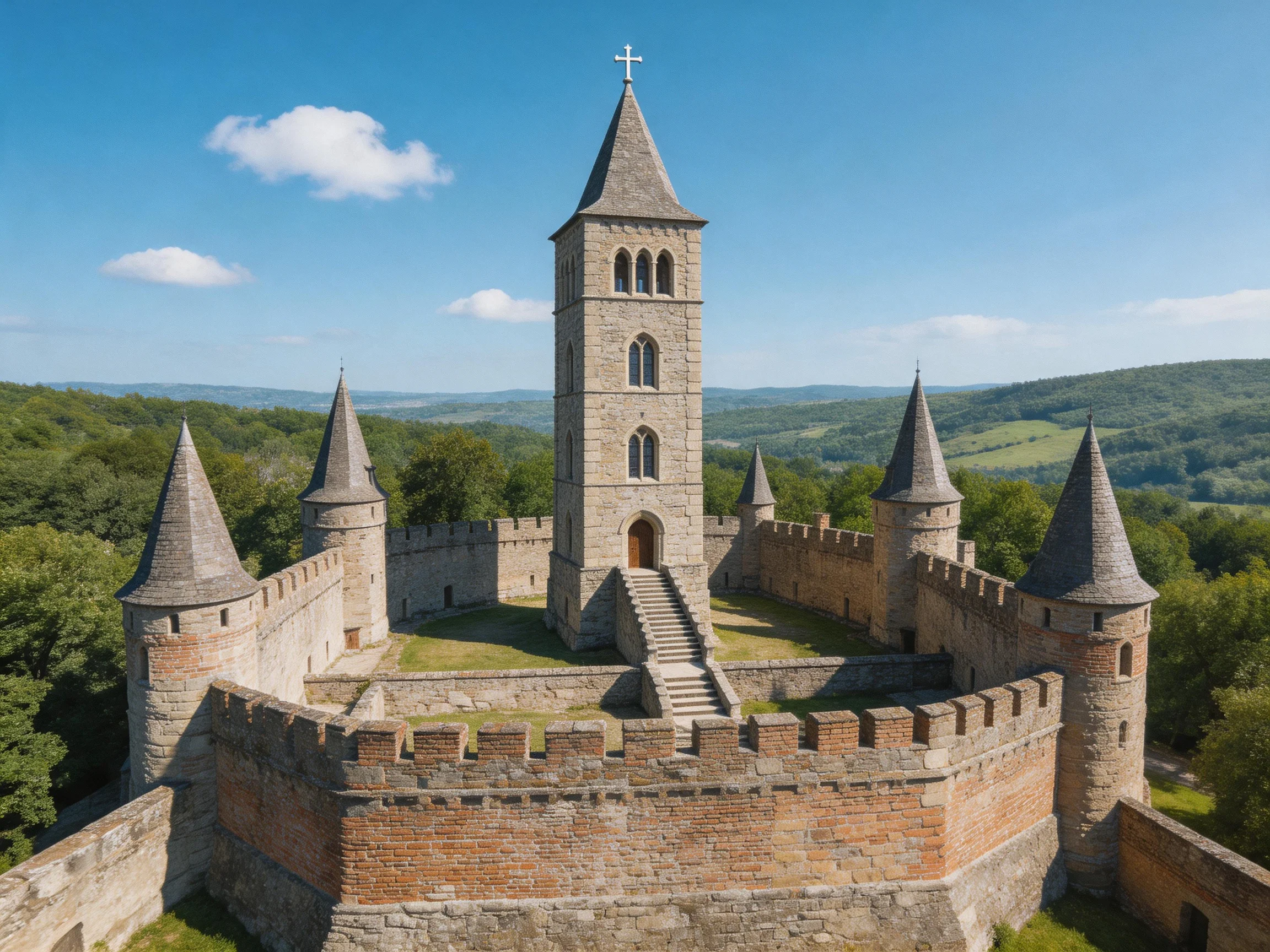 A medieval stone castle with brick fortifications amidst lush green hills