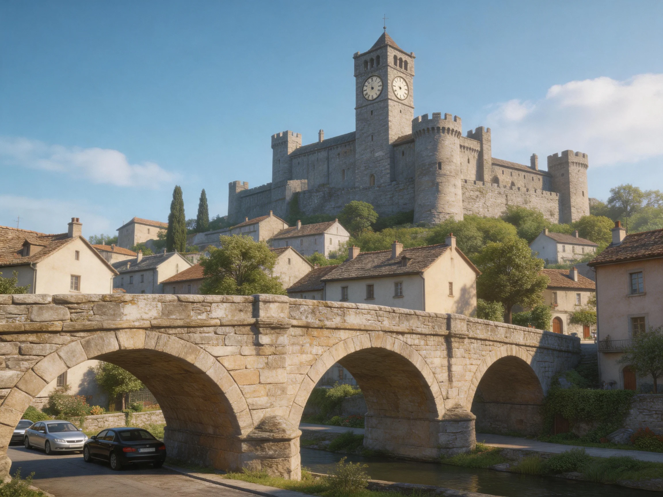 A medieval stone castle with clock tower overlooks a village and stone bridge
