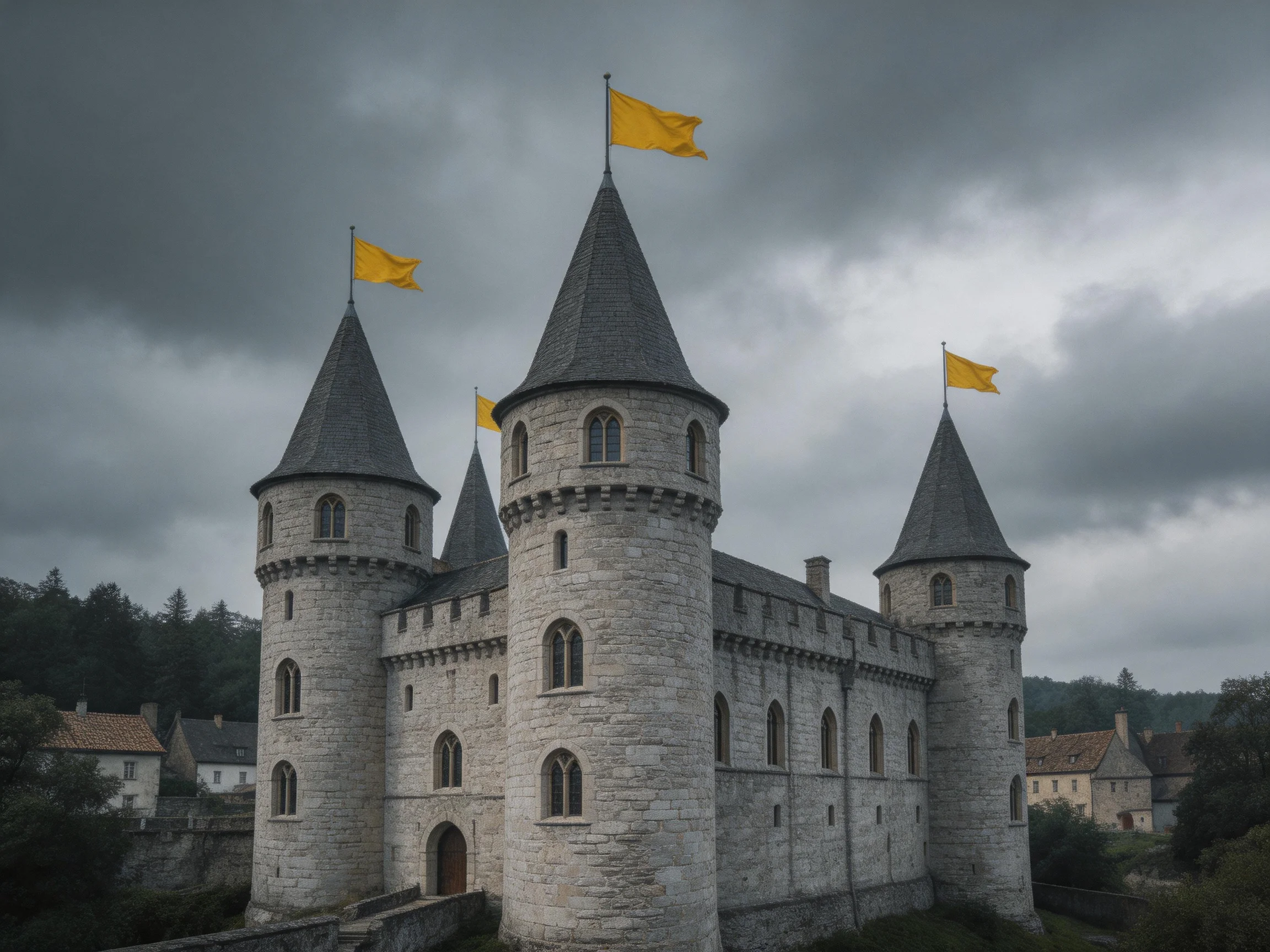 A medieval stone castle with four towers and yellow flags under stormy skies