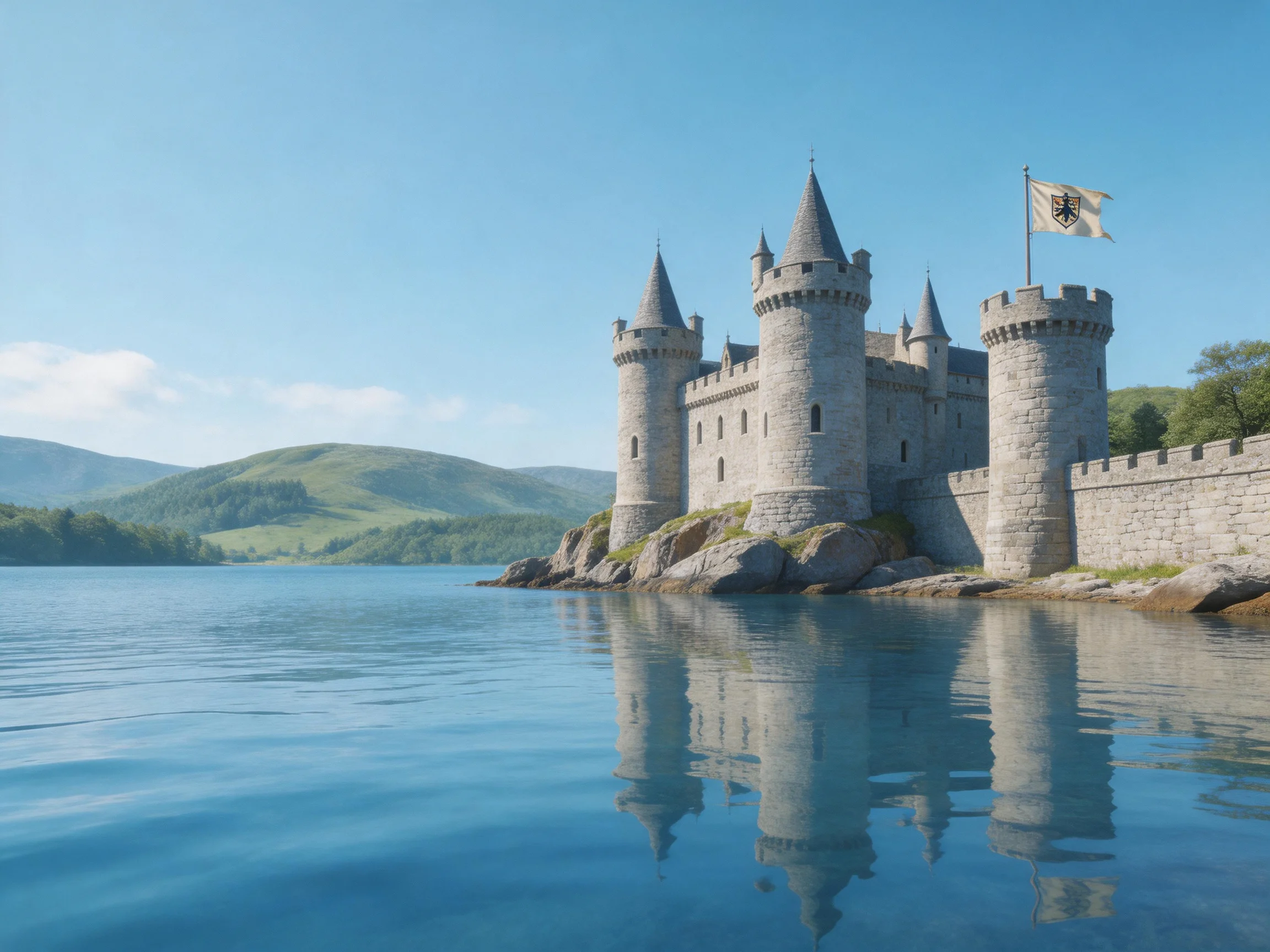 A medieval stone castle with four towers by calm blue waters
