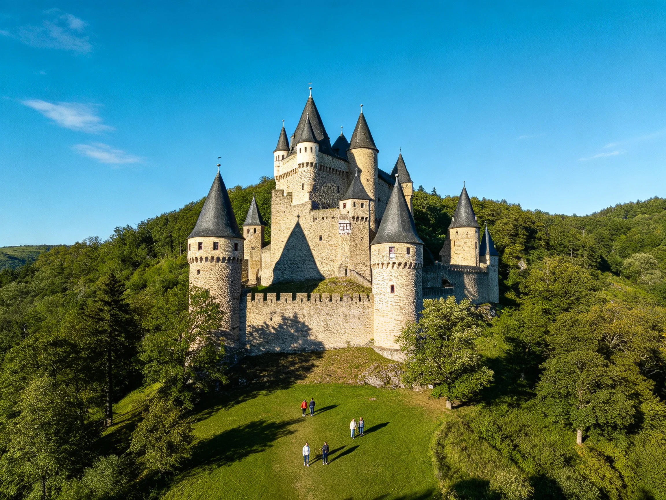 A medieval stone castle with multiple towers on a lush hilltop