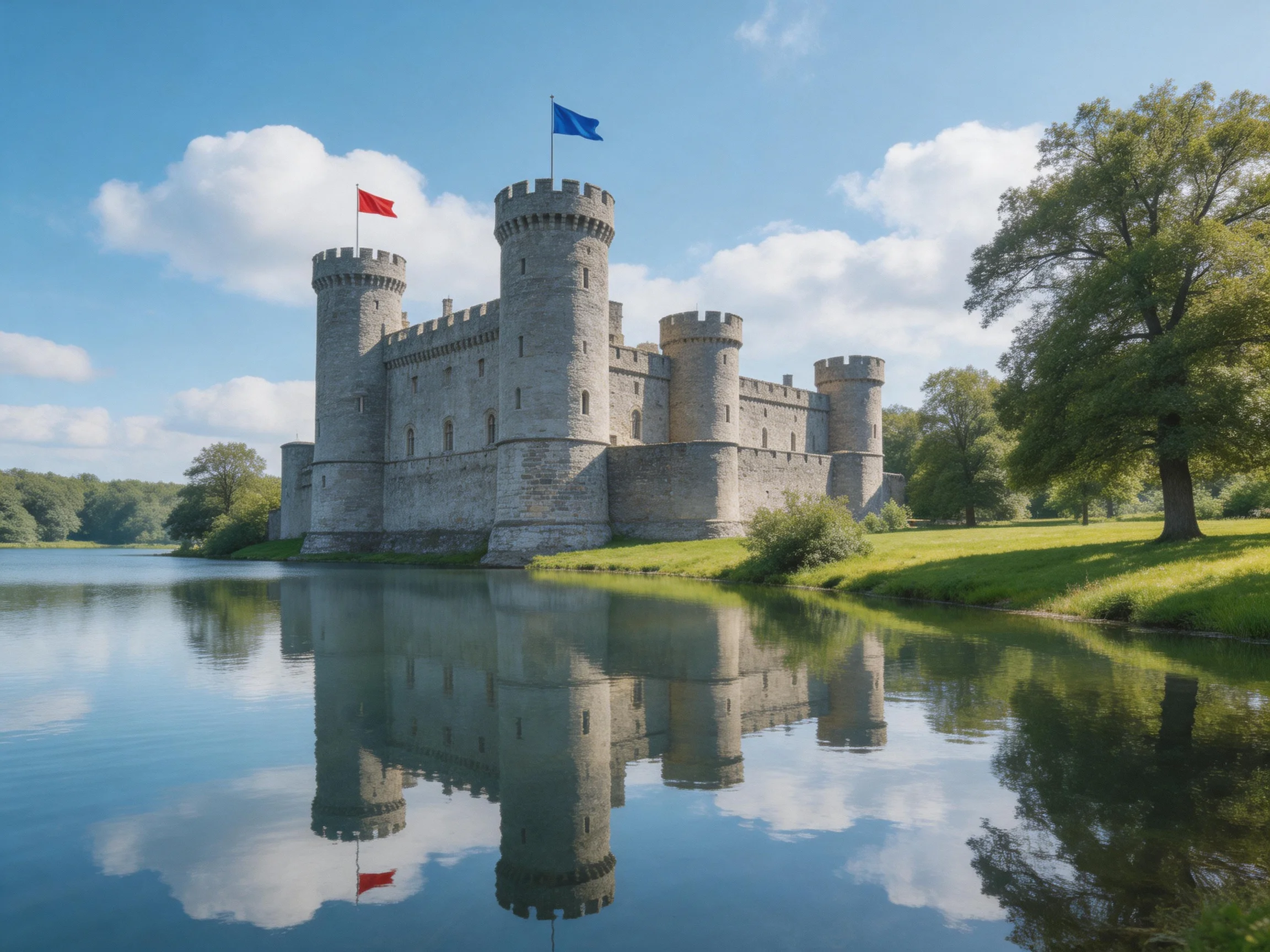 A medieval stone castle with red and blue flags beside calm moat waters