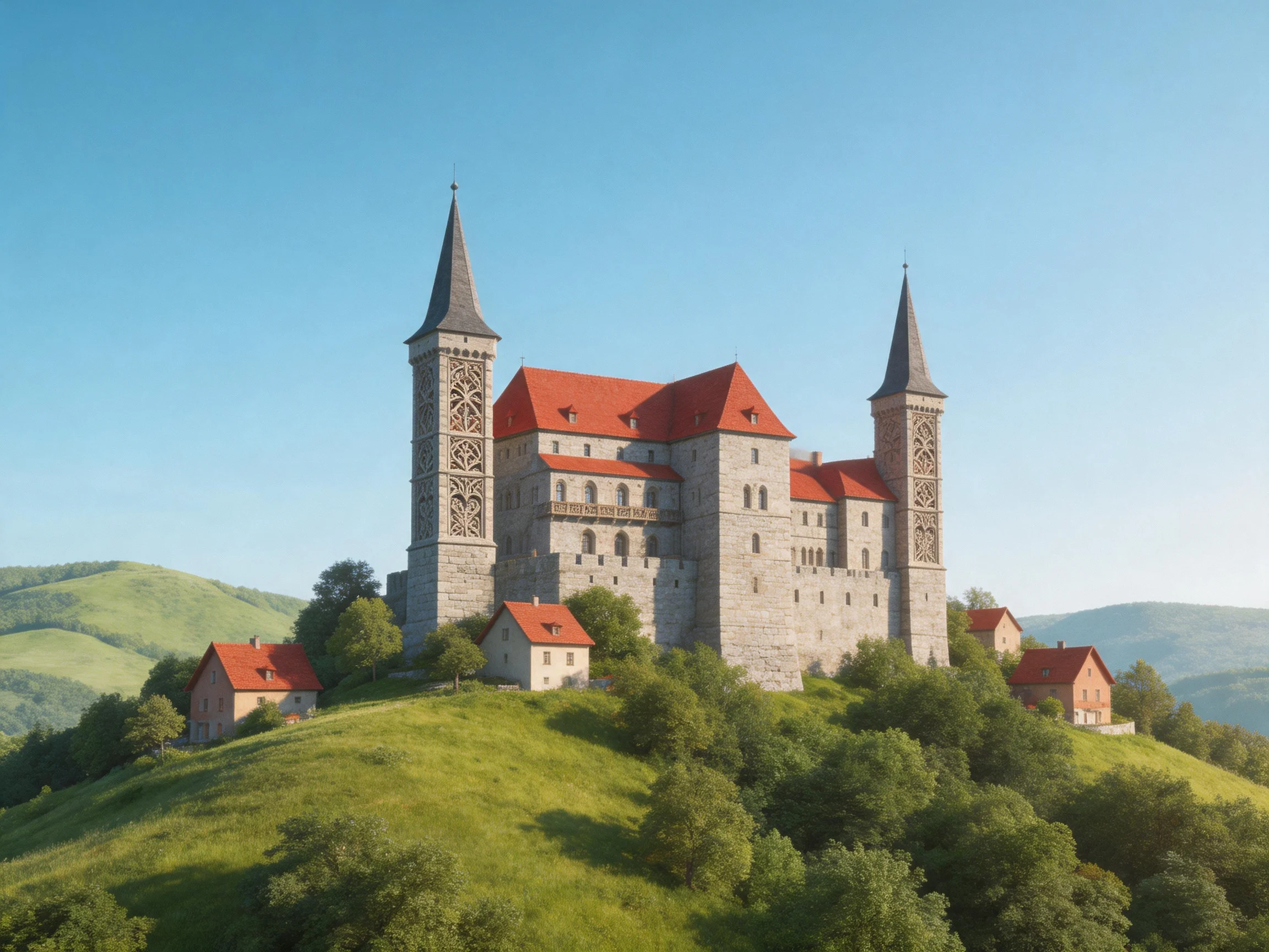 A medieval stone castle with red roofs atop a lush green hill