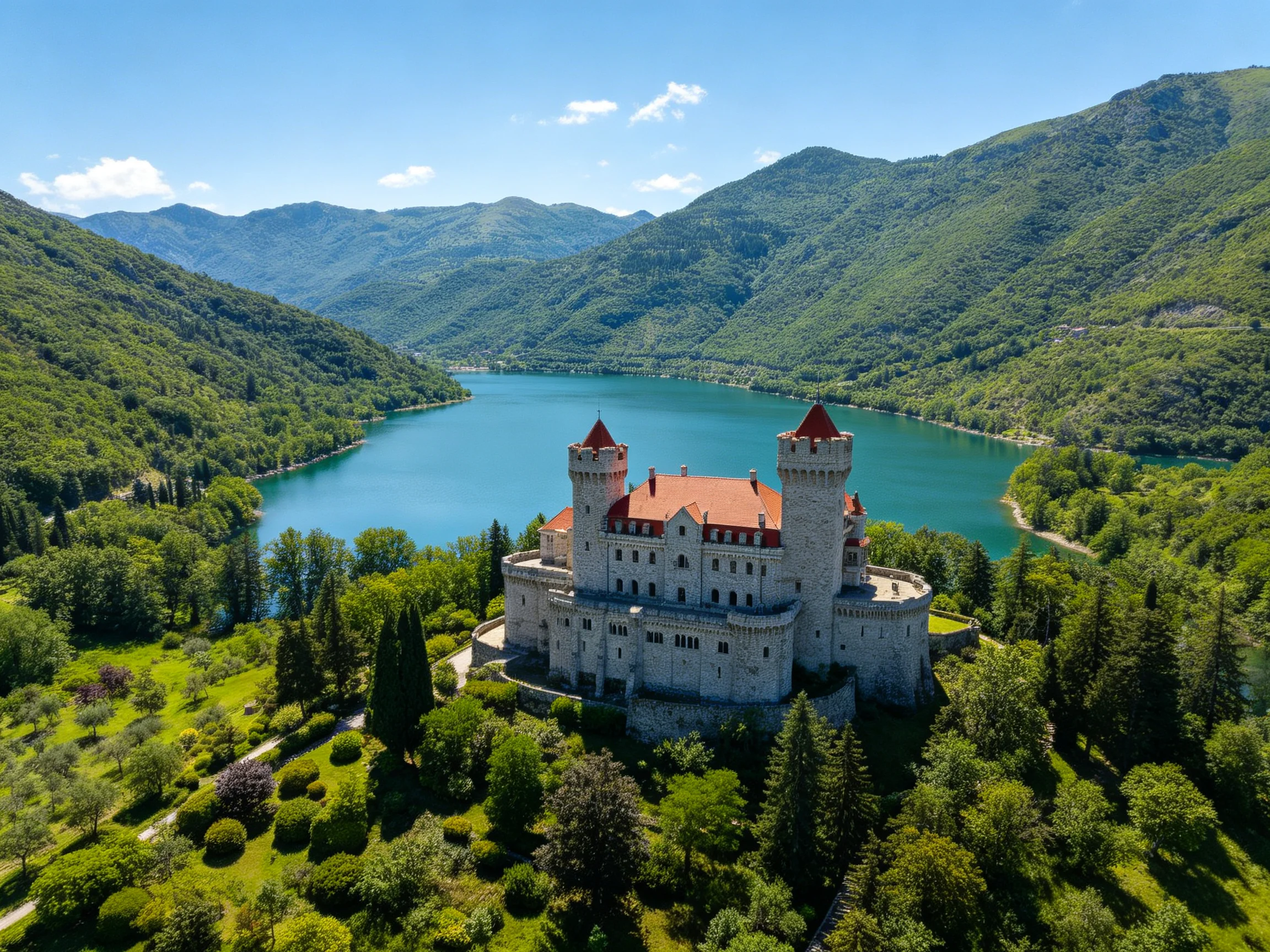 A medieval stone castle with red roofs overlooks a turquoise lake amid green hills