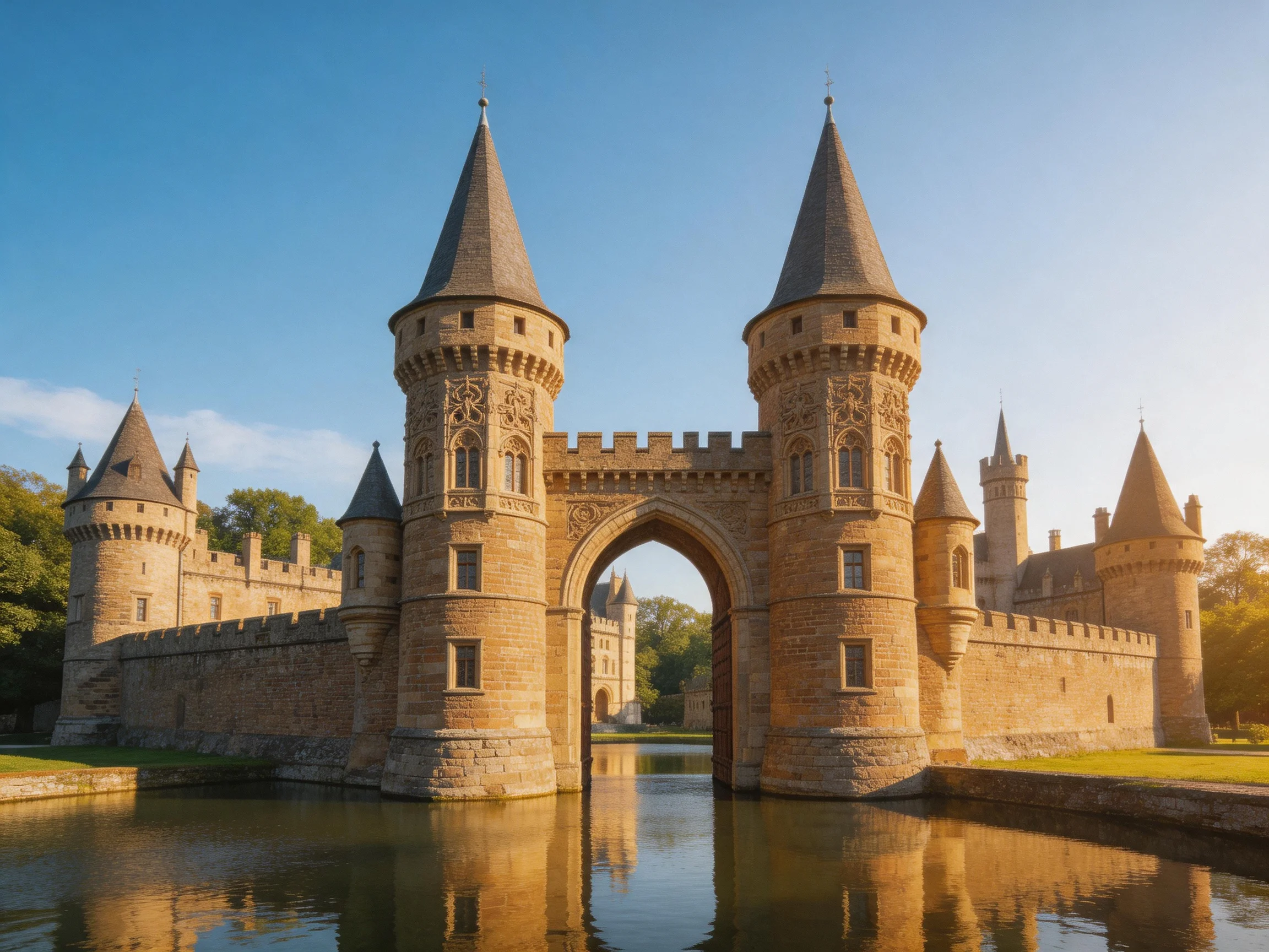 A medieval stone castle with tall towers near a reflective moat