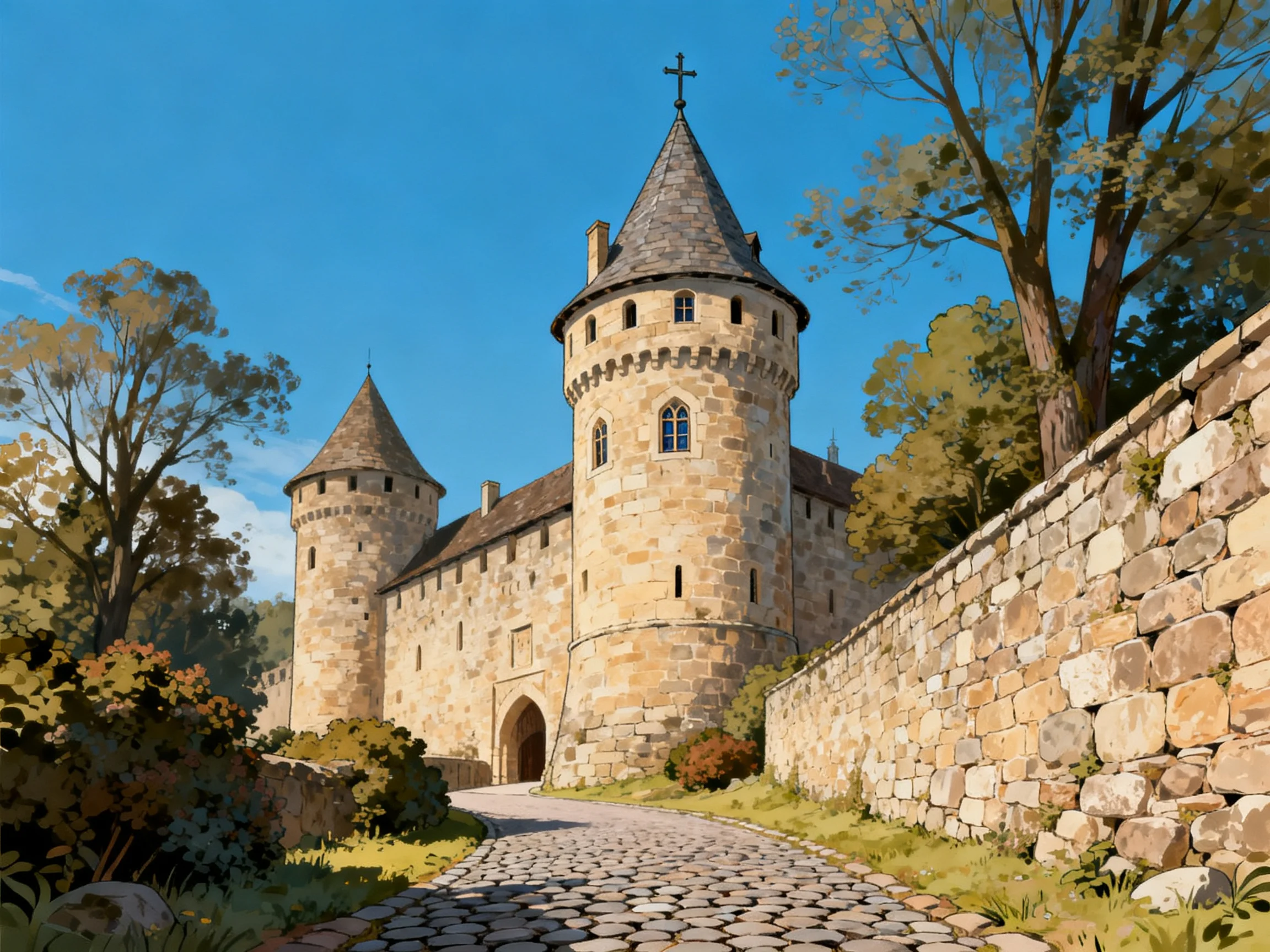A medieval stone castle with two towers near a cobblestone path