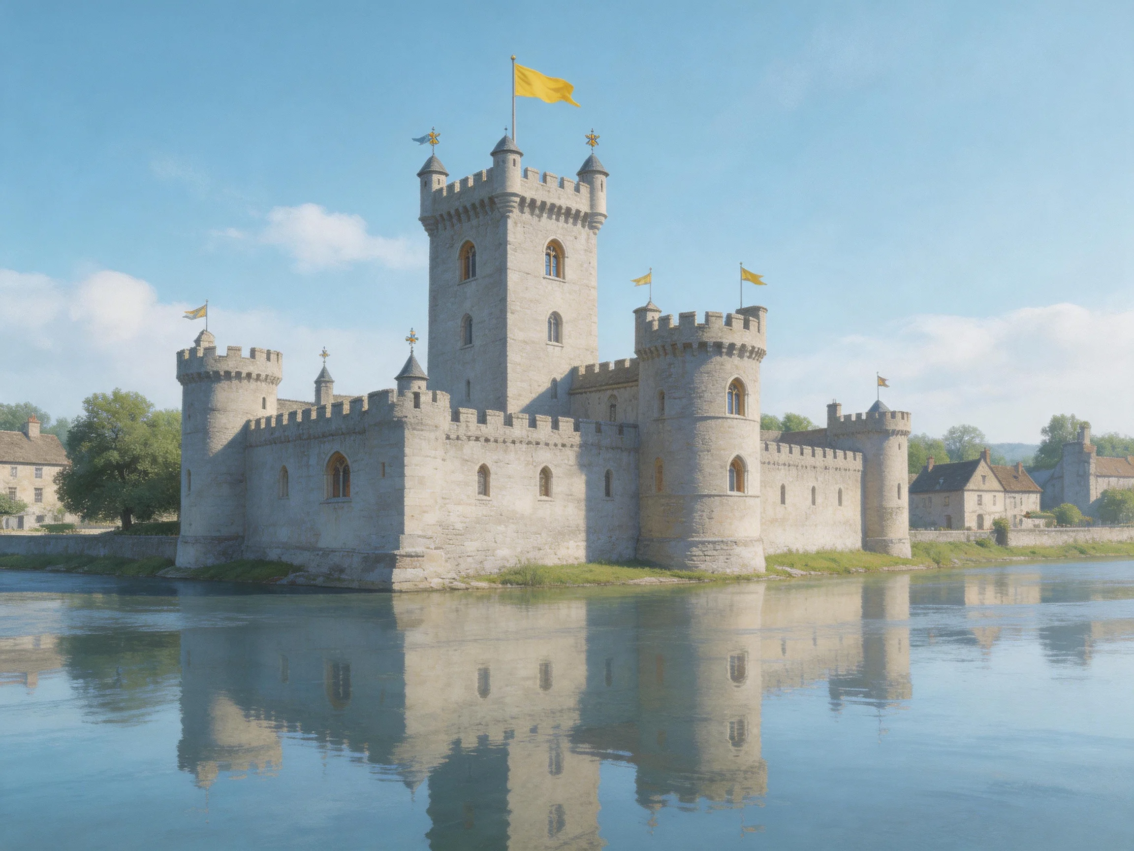 A medieval stone castle with yellow flags reflected in calm waters