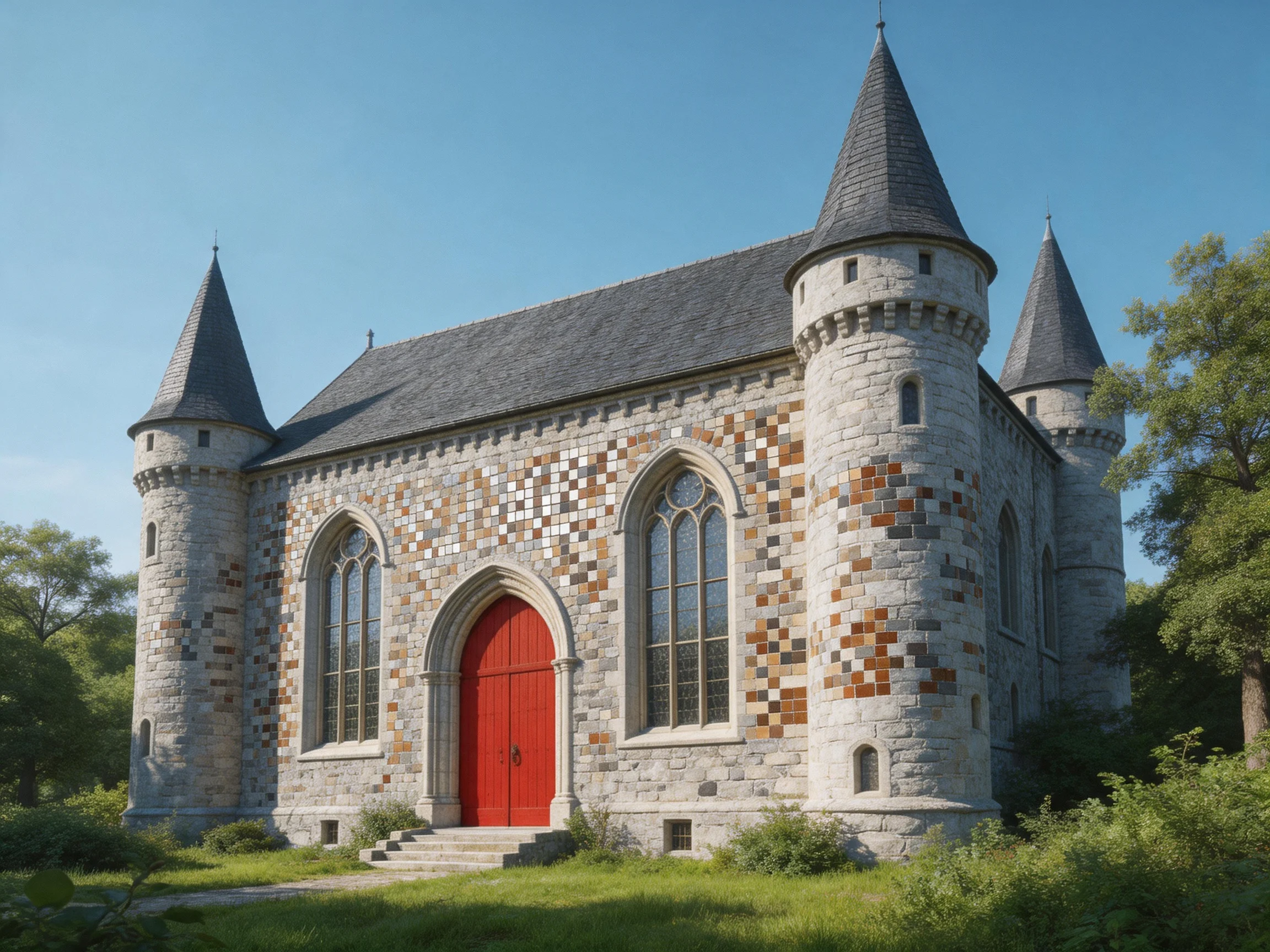 A medieval stone chapel with colorful tile accents and red doors