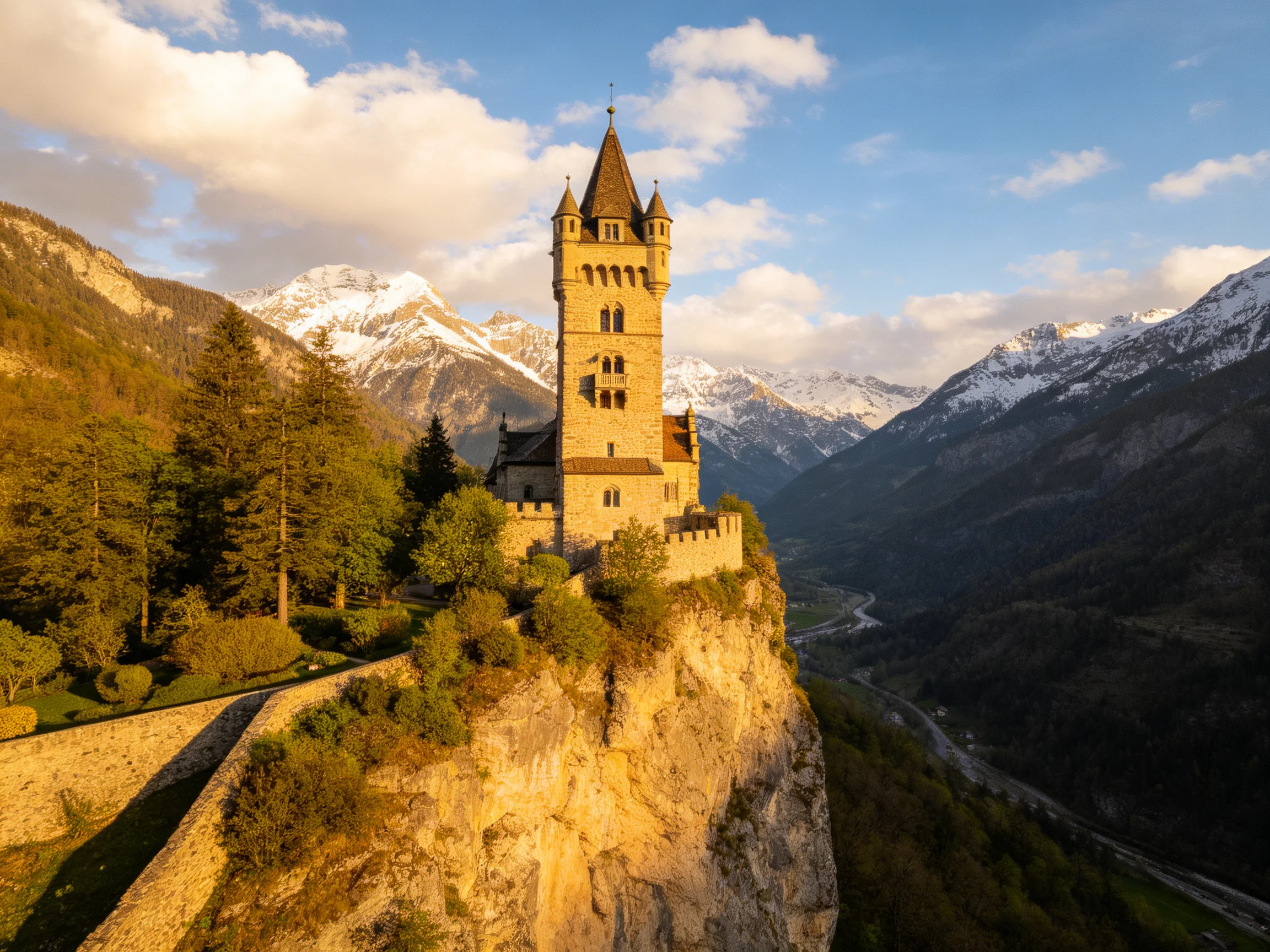 A medieval stone tower atop a rocky cliff near snow-capped mountains