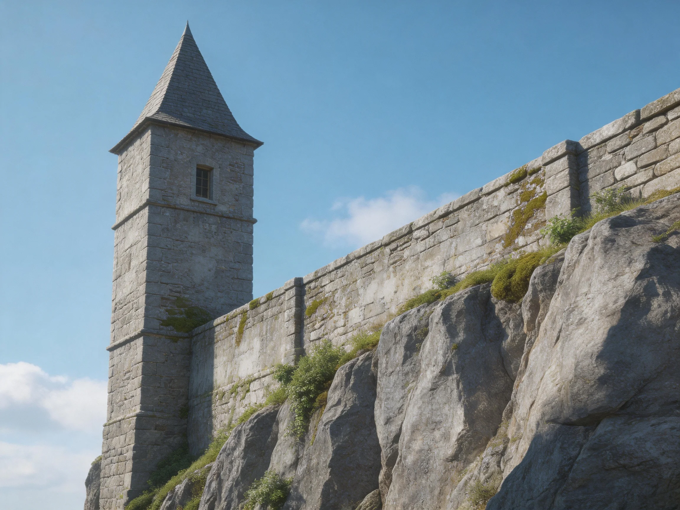A medieval stone tower beside a moss-covered fortress wall