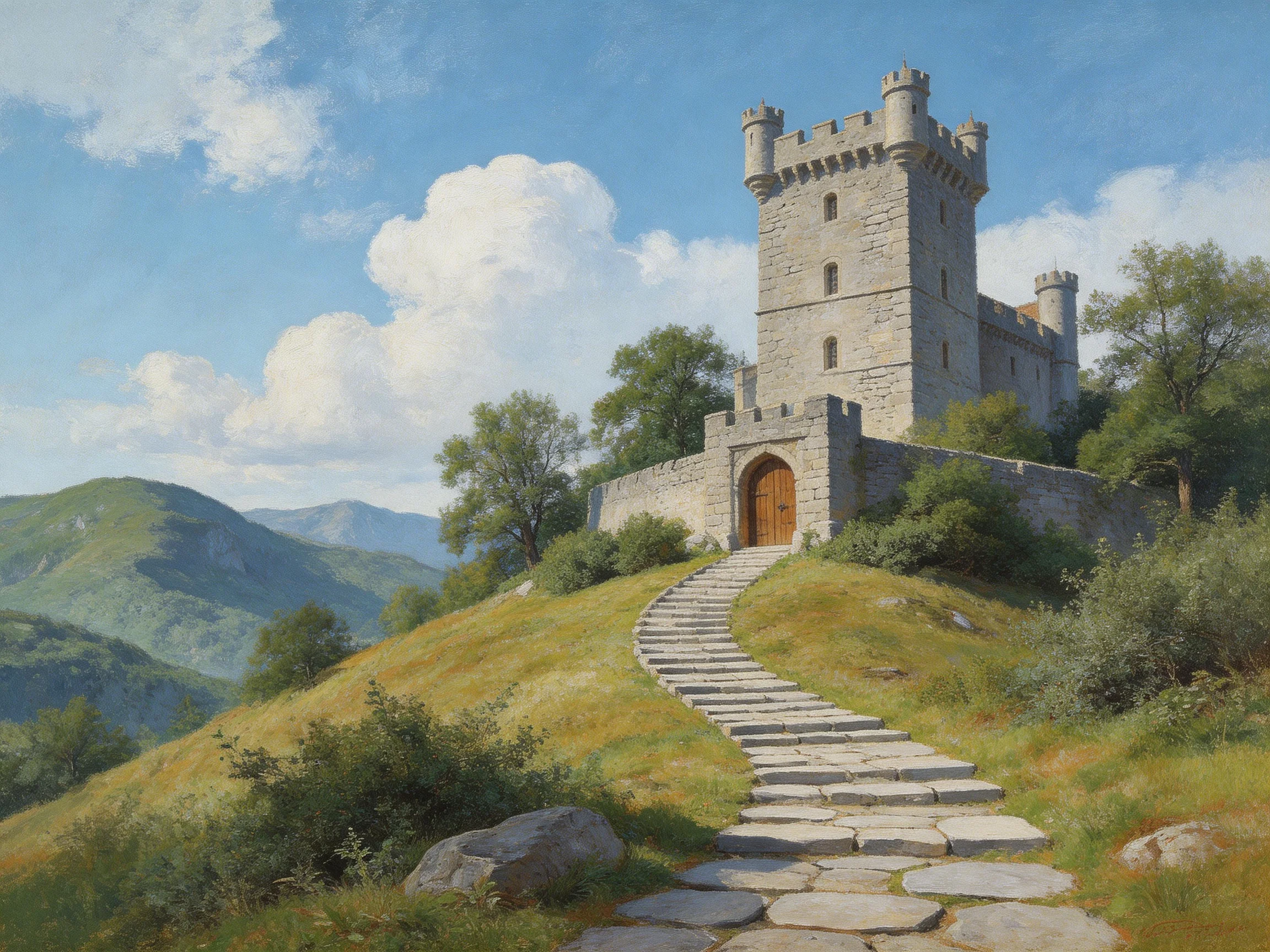 A medieval stone tower castle atop a grassy hill with winding steps