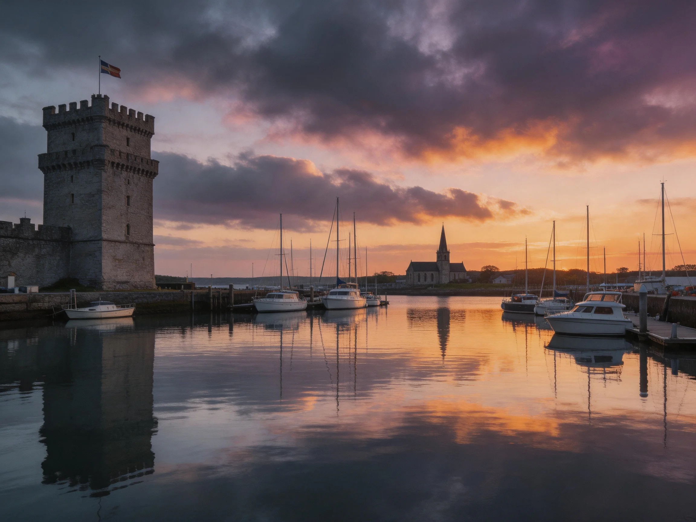 A medieval stone tower overlooks a marina with docked sailboats at sunset