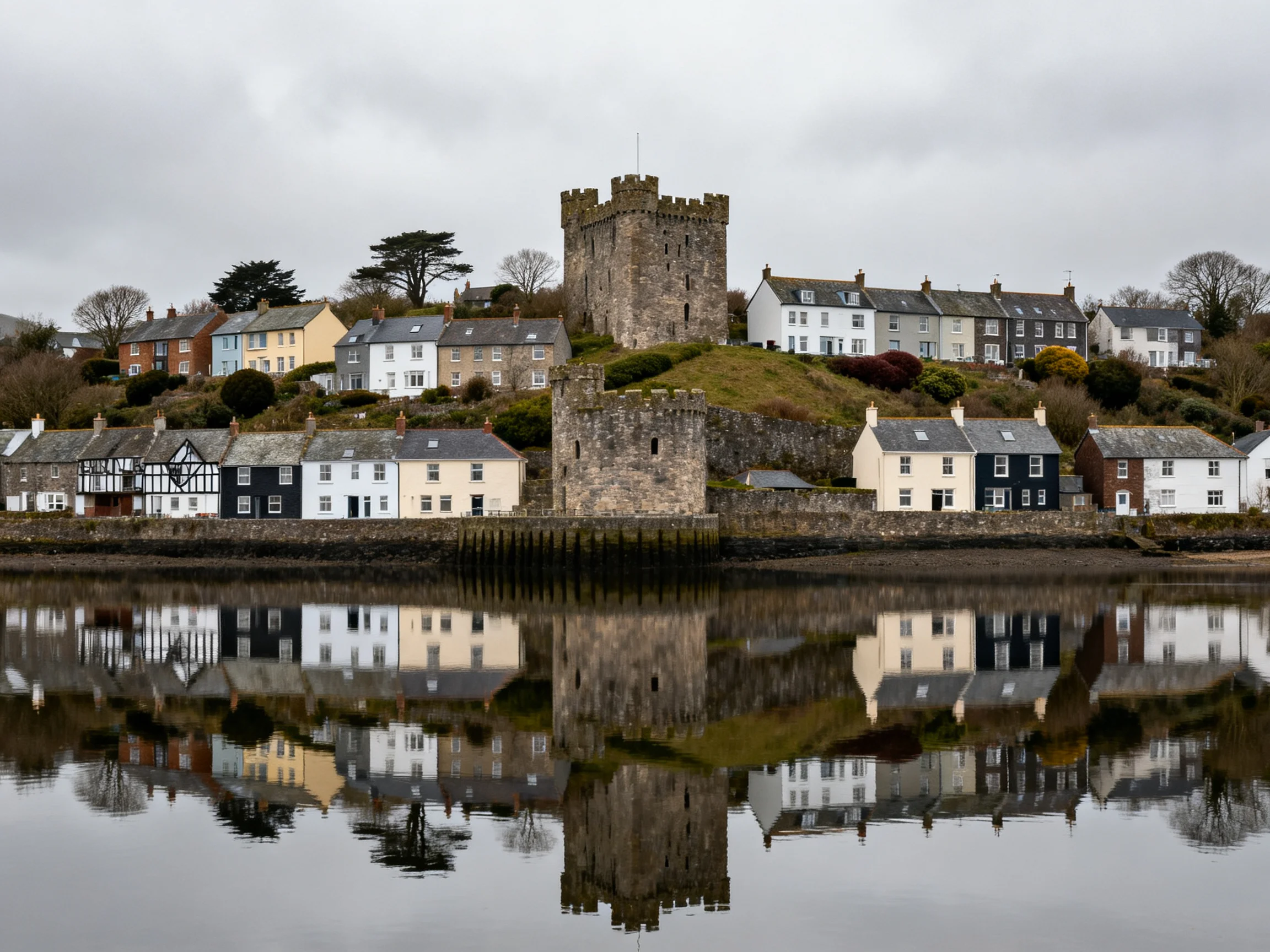 A medieval stone tower overlooks colorful coastal homes with calm water reflections