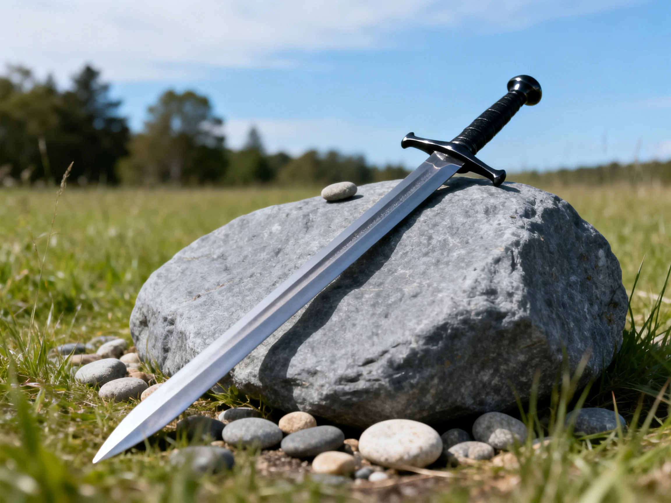 A medieval-style sword rests atop a large gray stone among small pebbles
