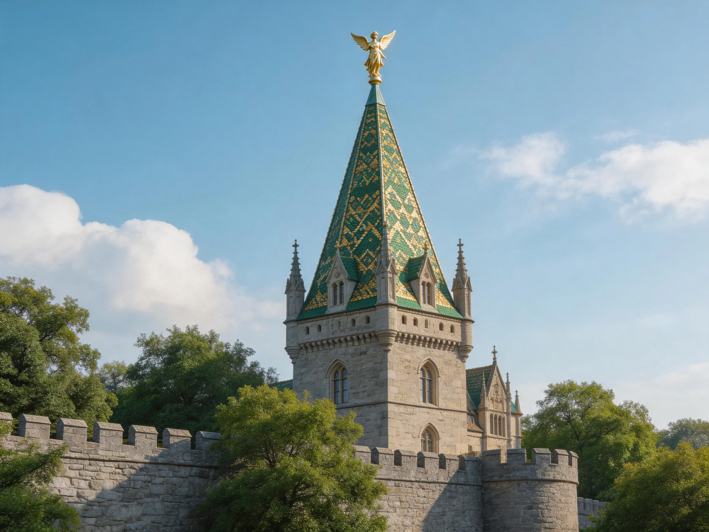 A medieval-style tower with a green-tiled spire and golden angel statue