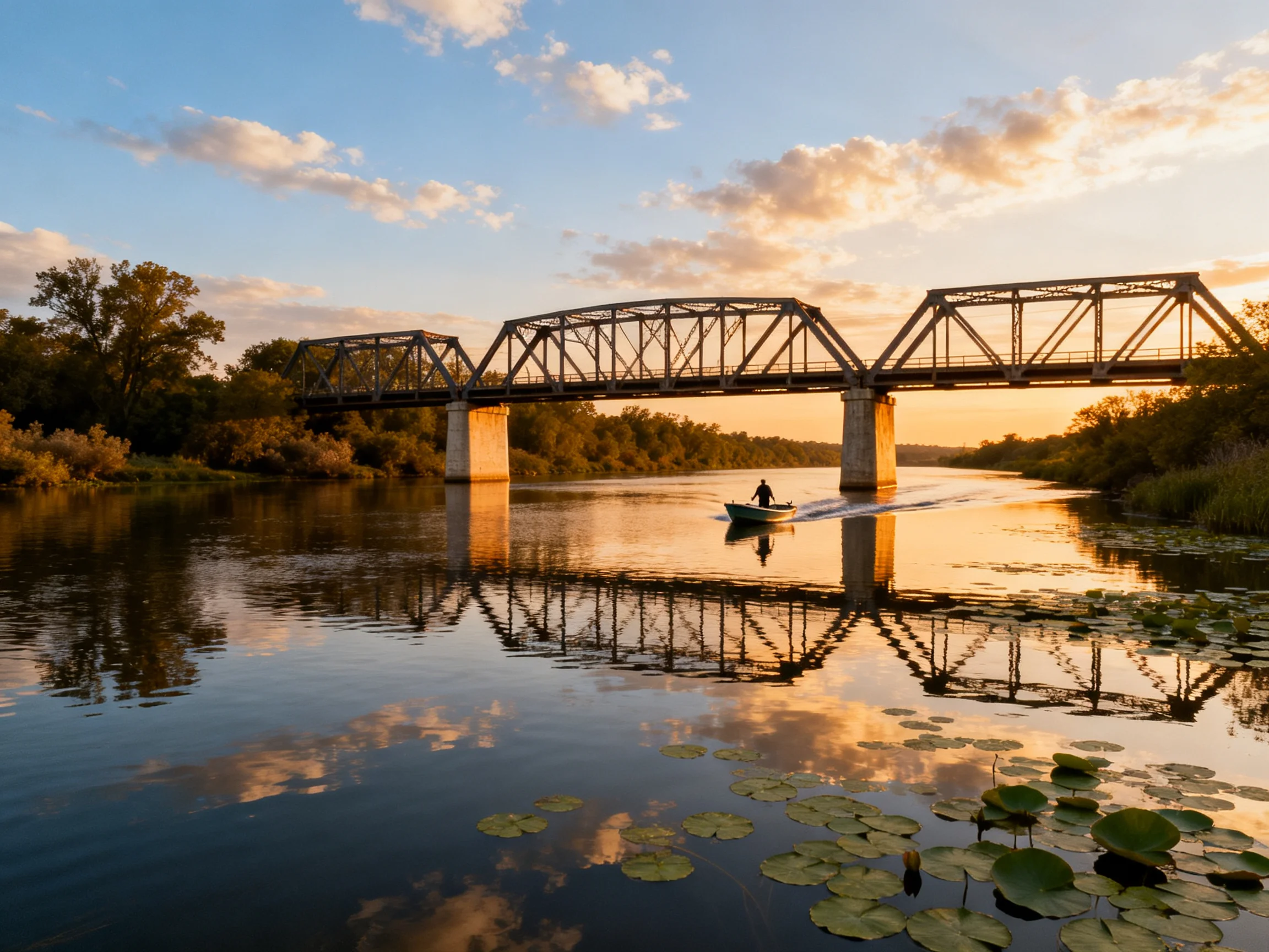 A metal truss bridge spans calm river at sunset