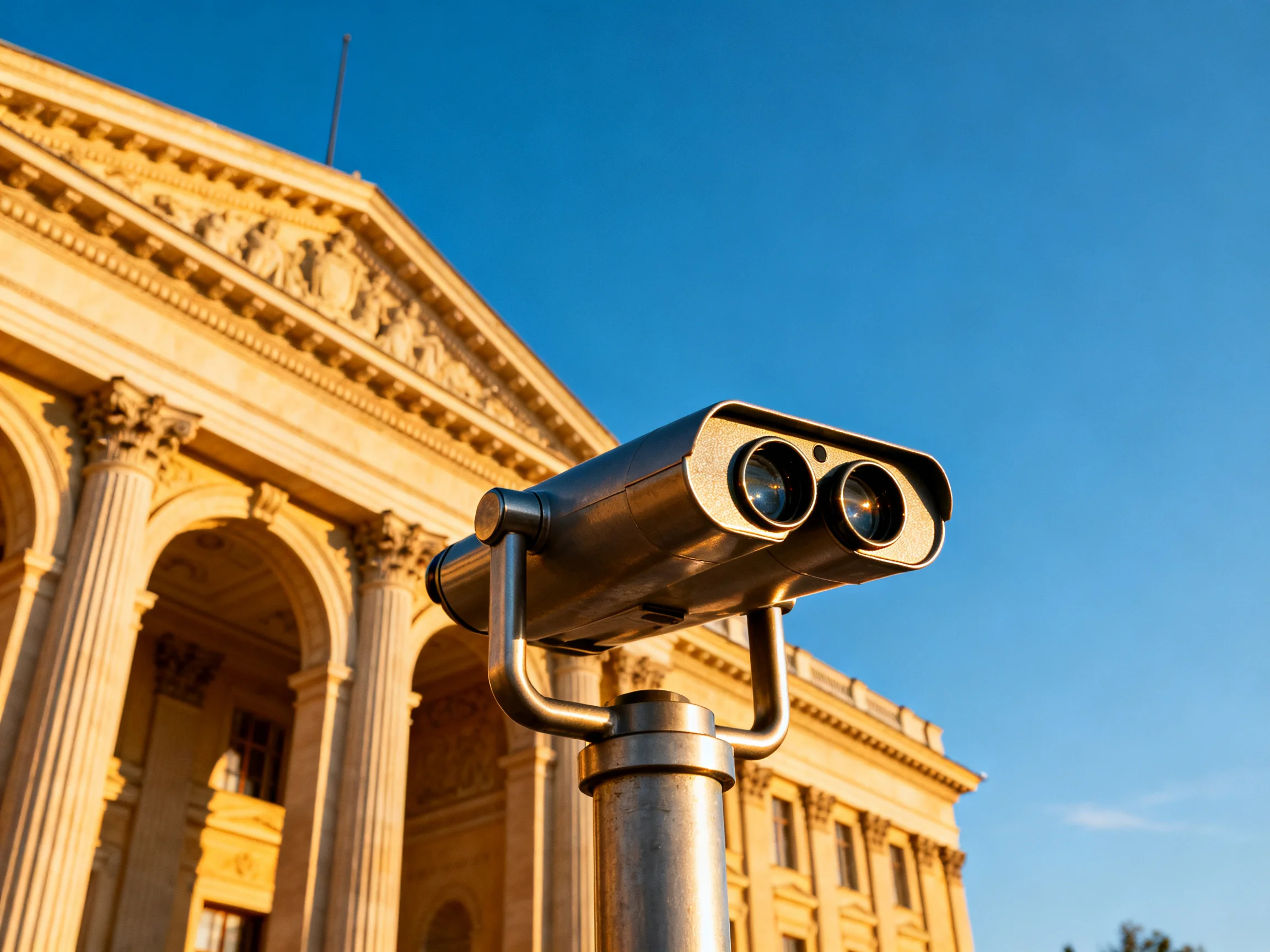 A metallic binocular viewer near an grand neoclassical building under bright blue sky