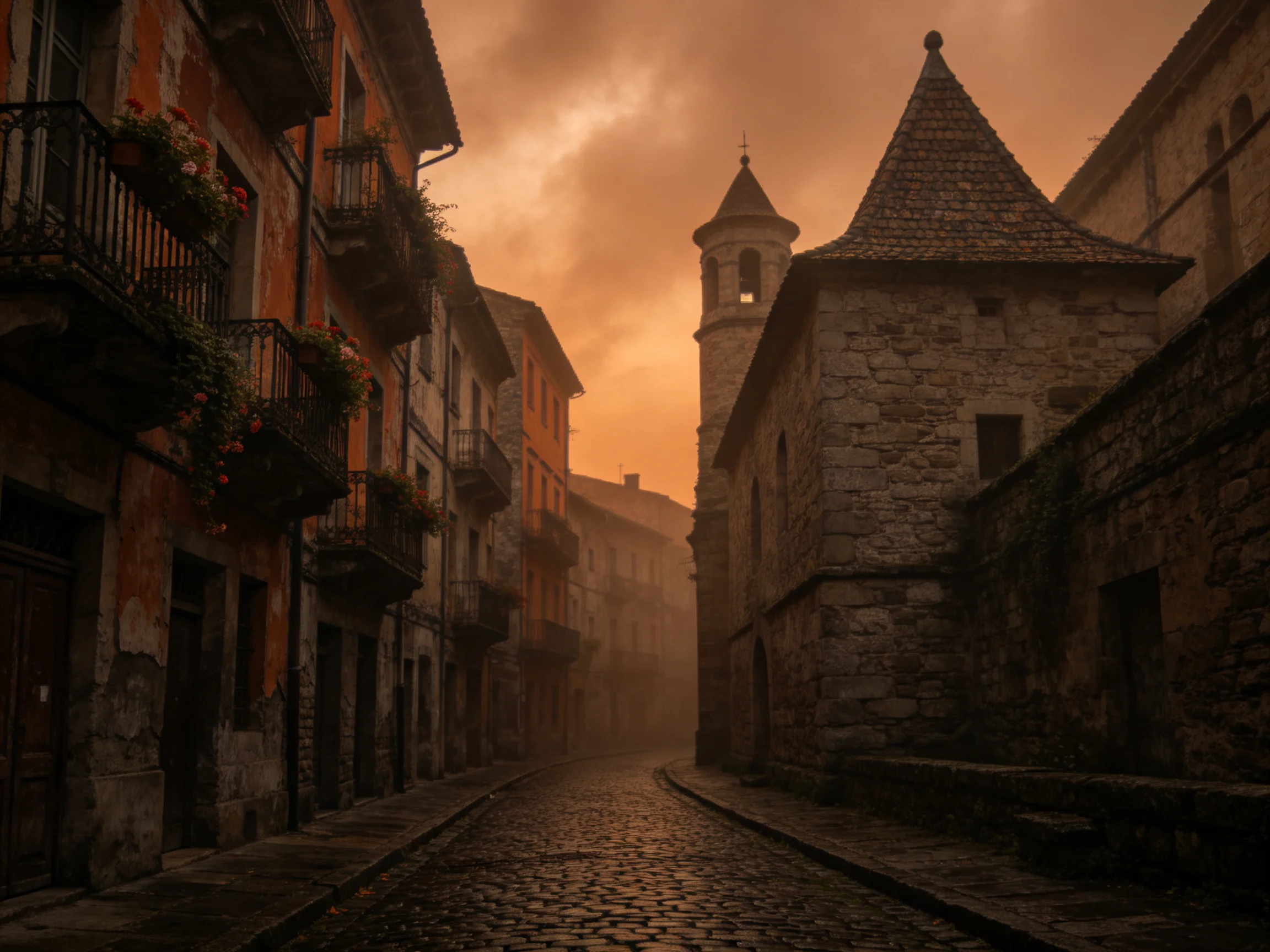 A misty cobblestone street lined with aged stone buildings