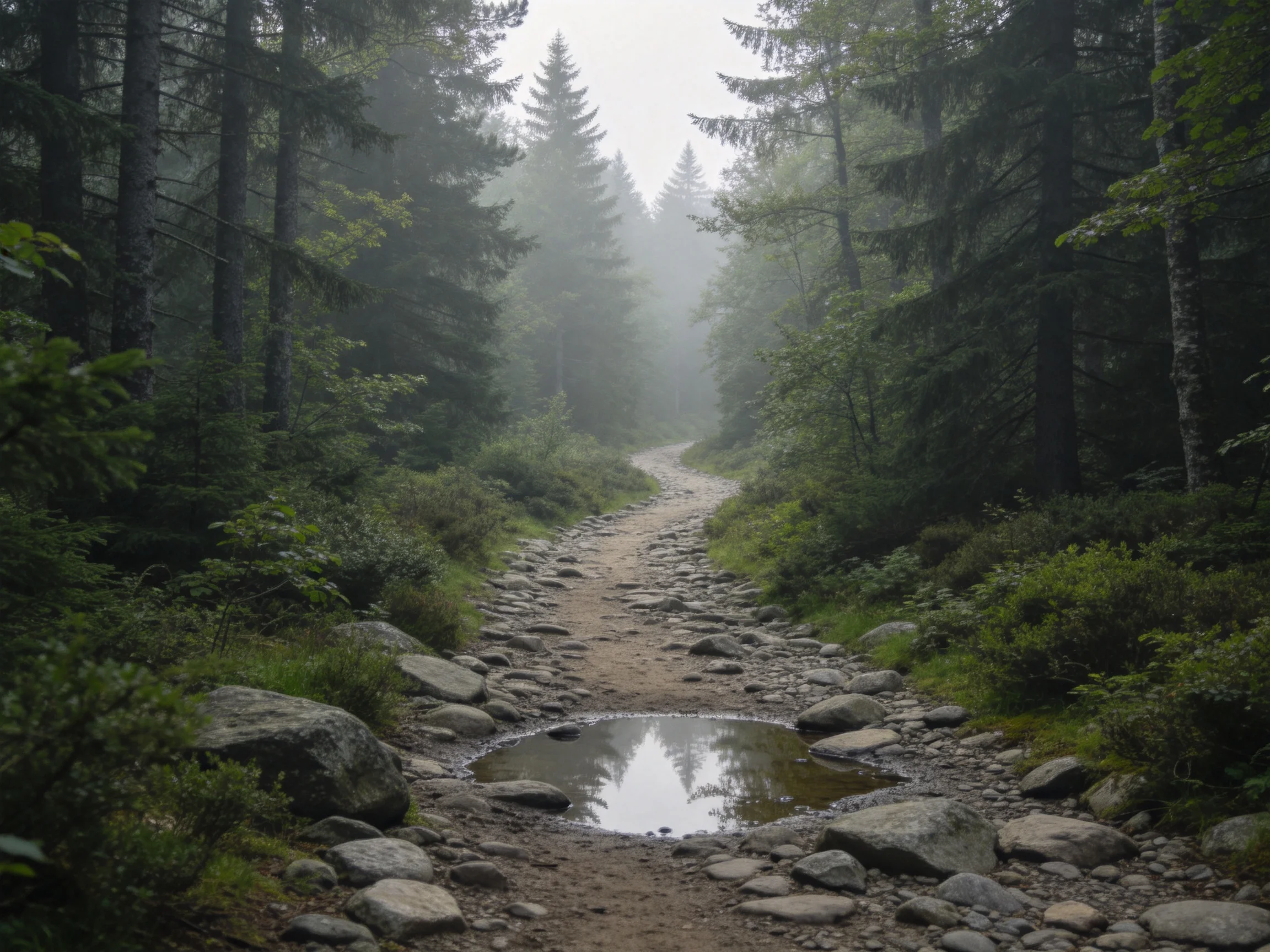 A misty forest path lined with stones amid tall evergreens