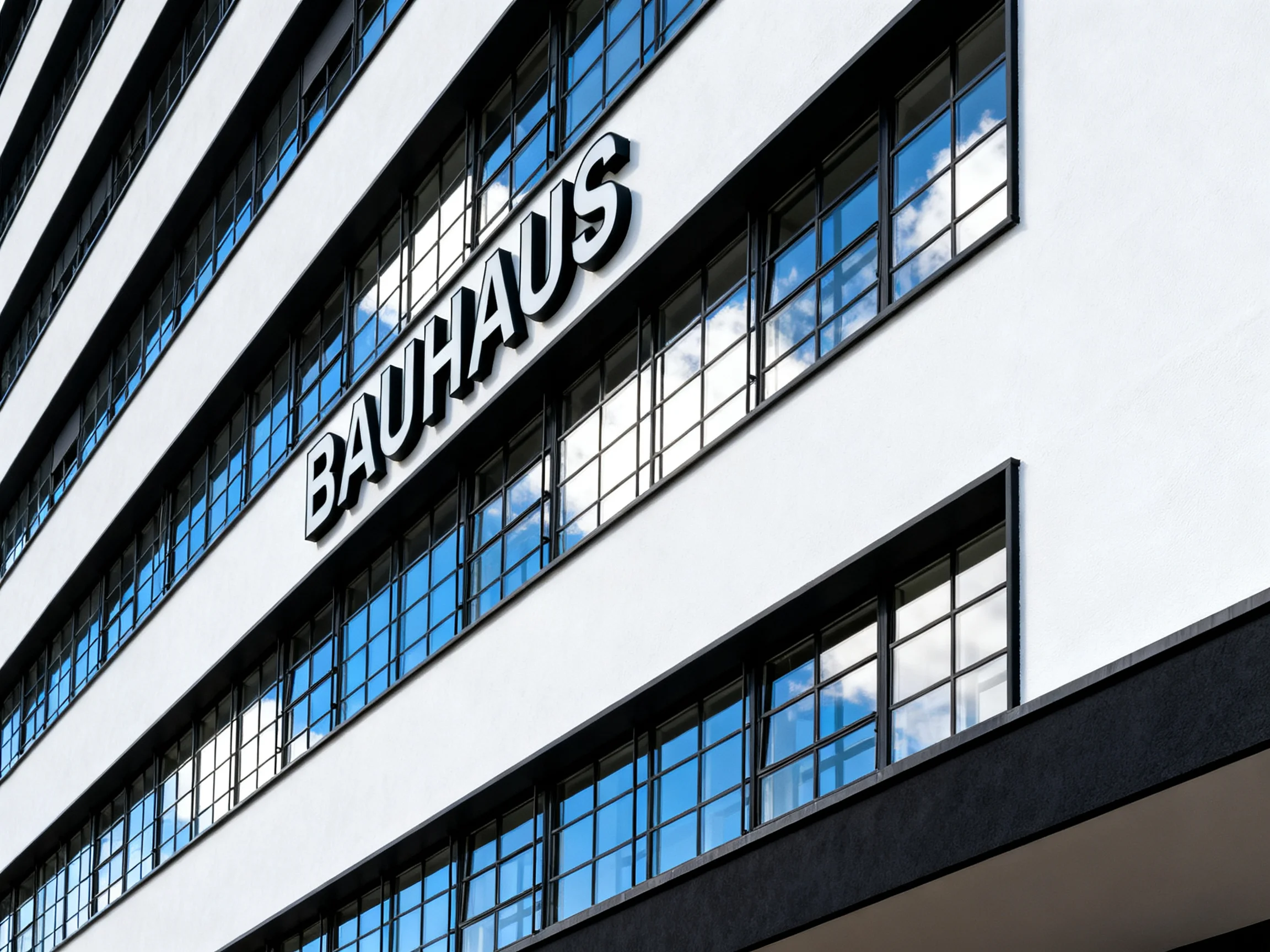 A modern Bauhaus building with bold signage and reflective windows