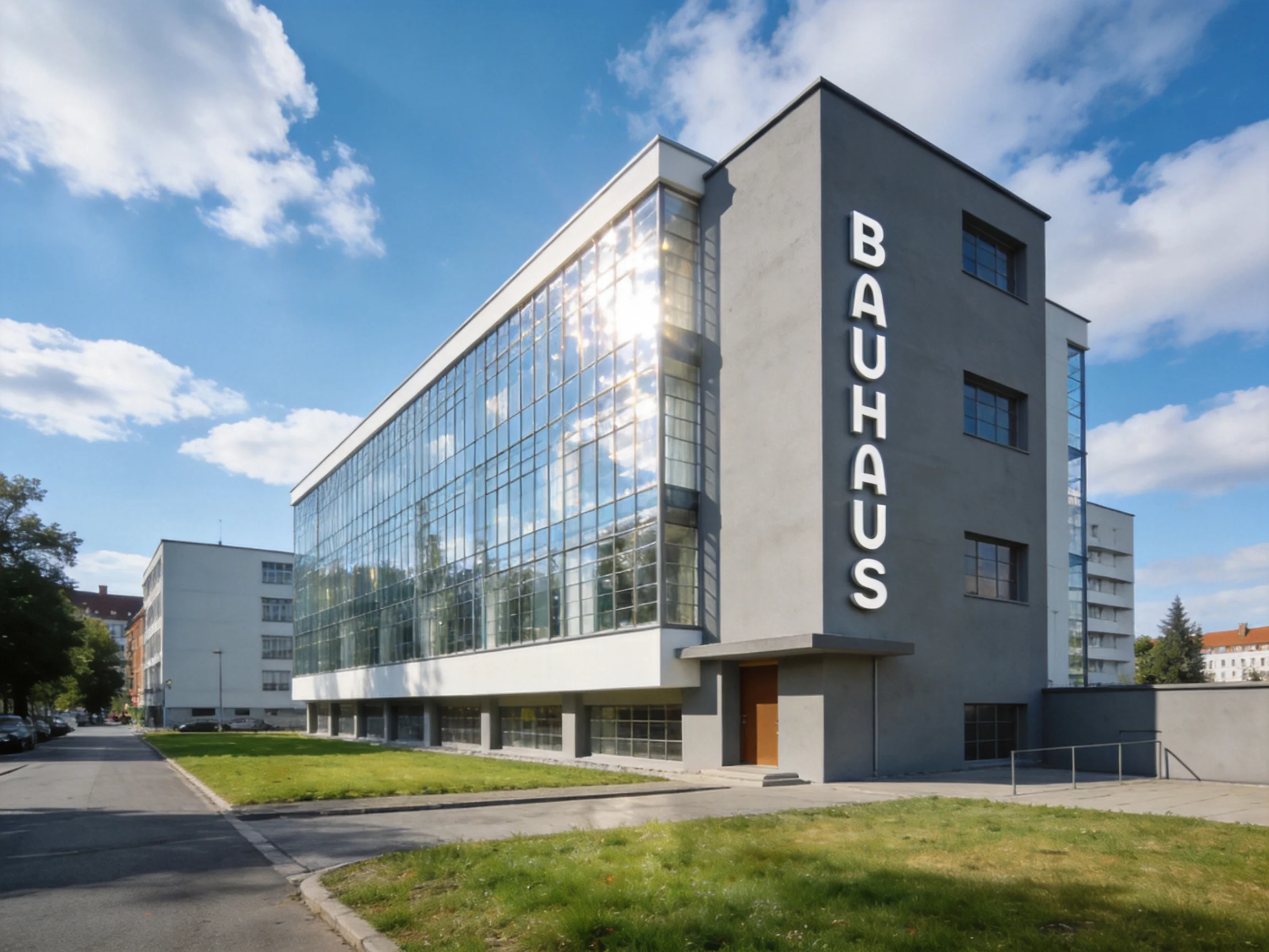 A modern Bauhaus building with large glass panels and gray facade