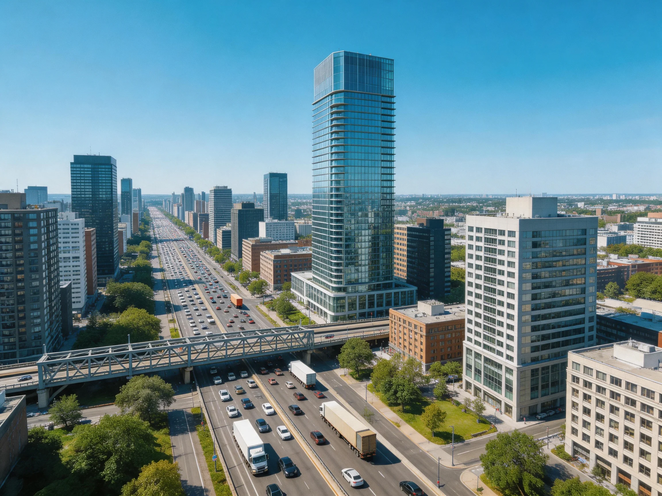 A modern cityscape with tall skyscrapers and busy highways