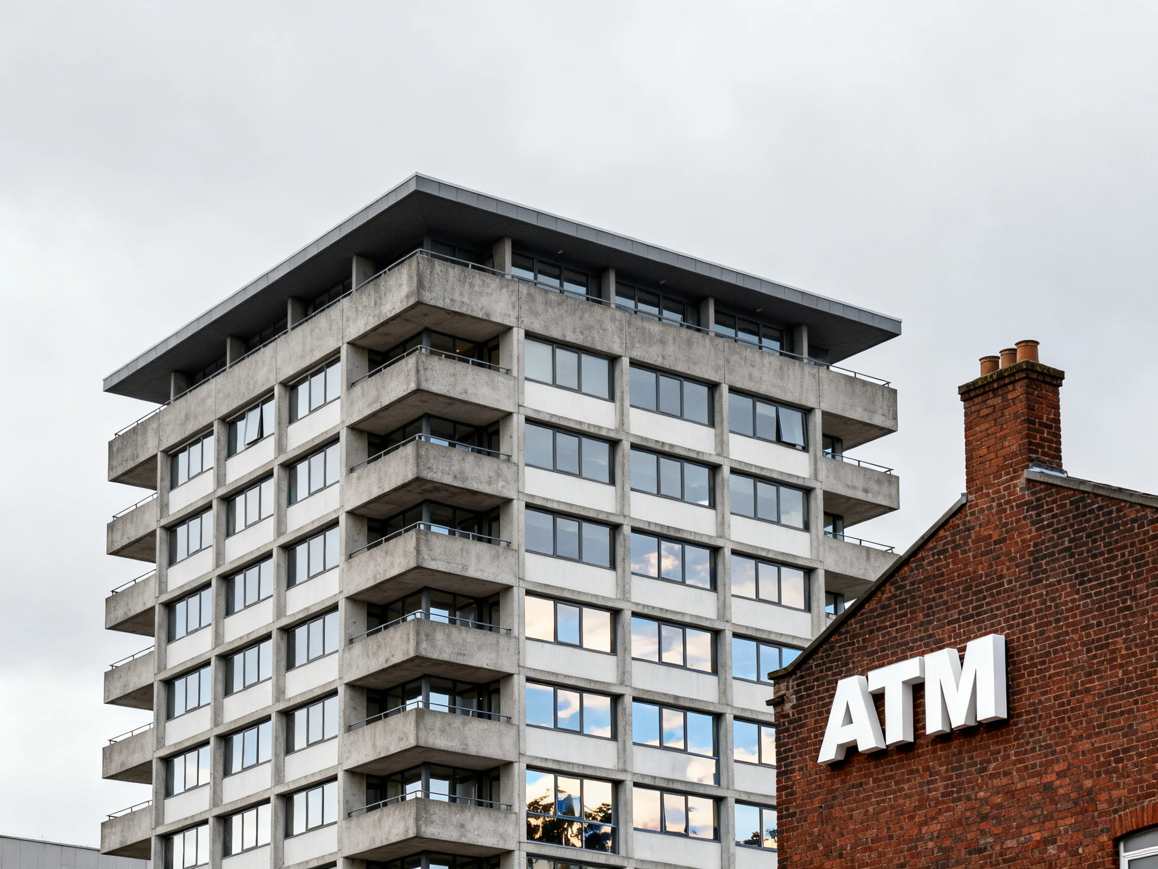 A modern concrete high-rise near a vintage brick ATM building