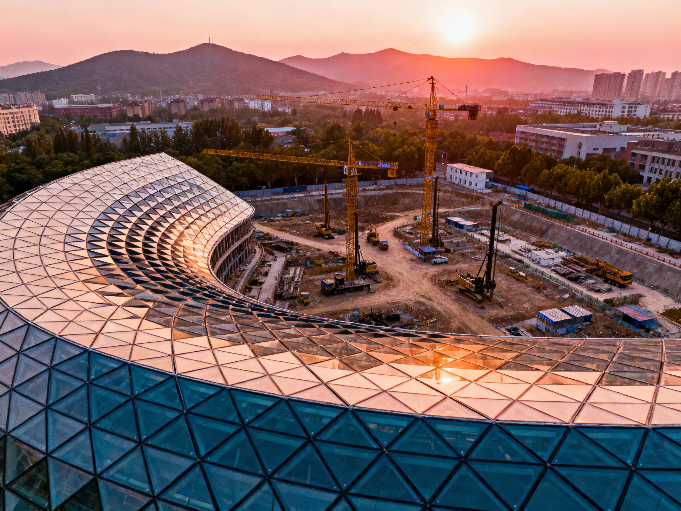 A modern curved glass structure near a bustling construction site at sunset