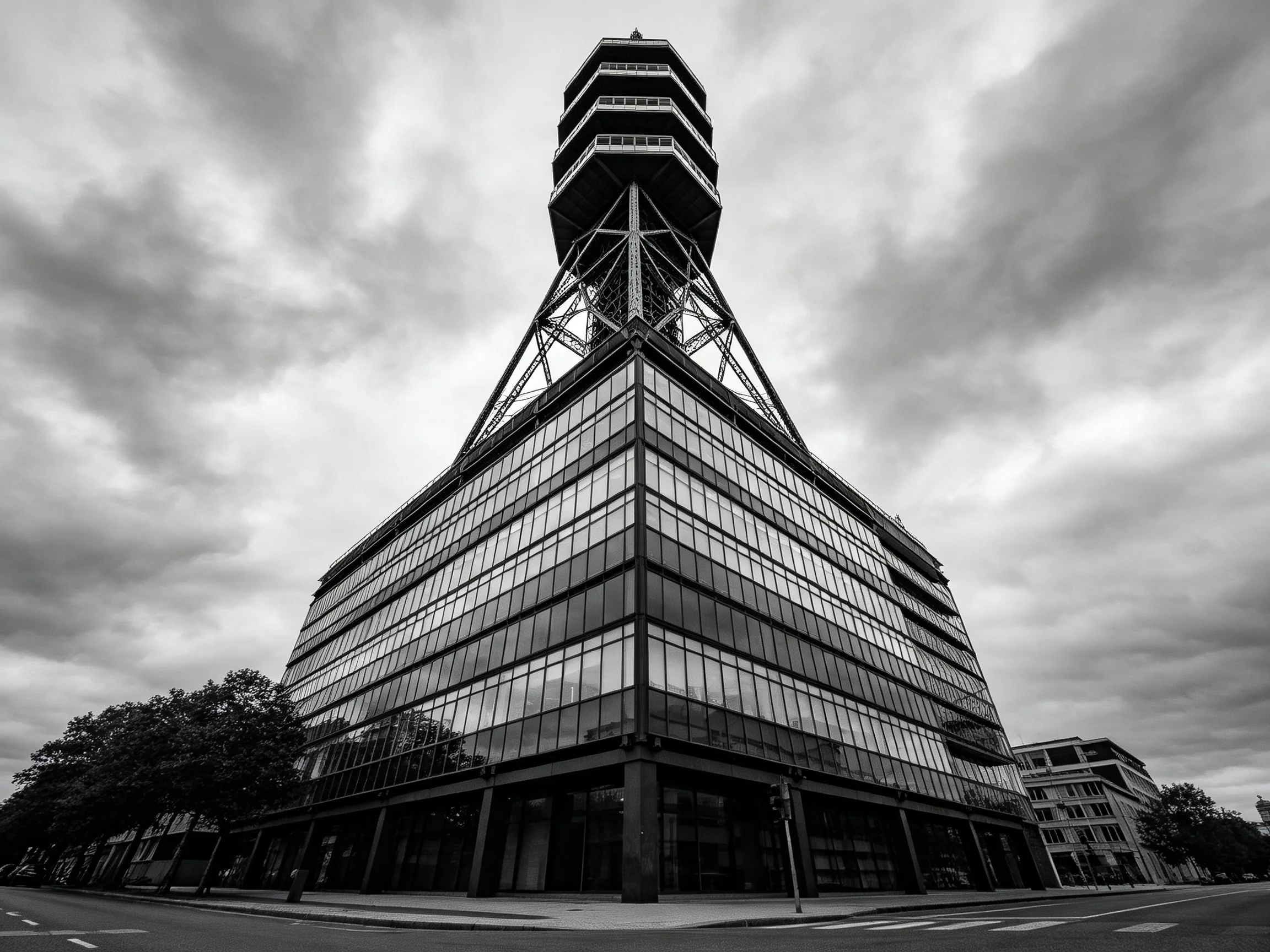 A modern glass tower building with steel observation tower