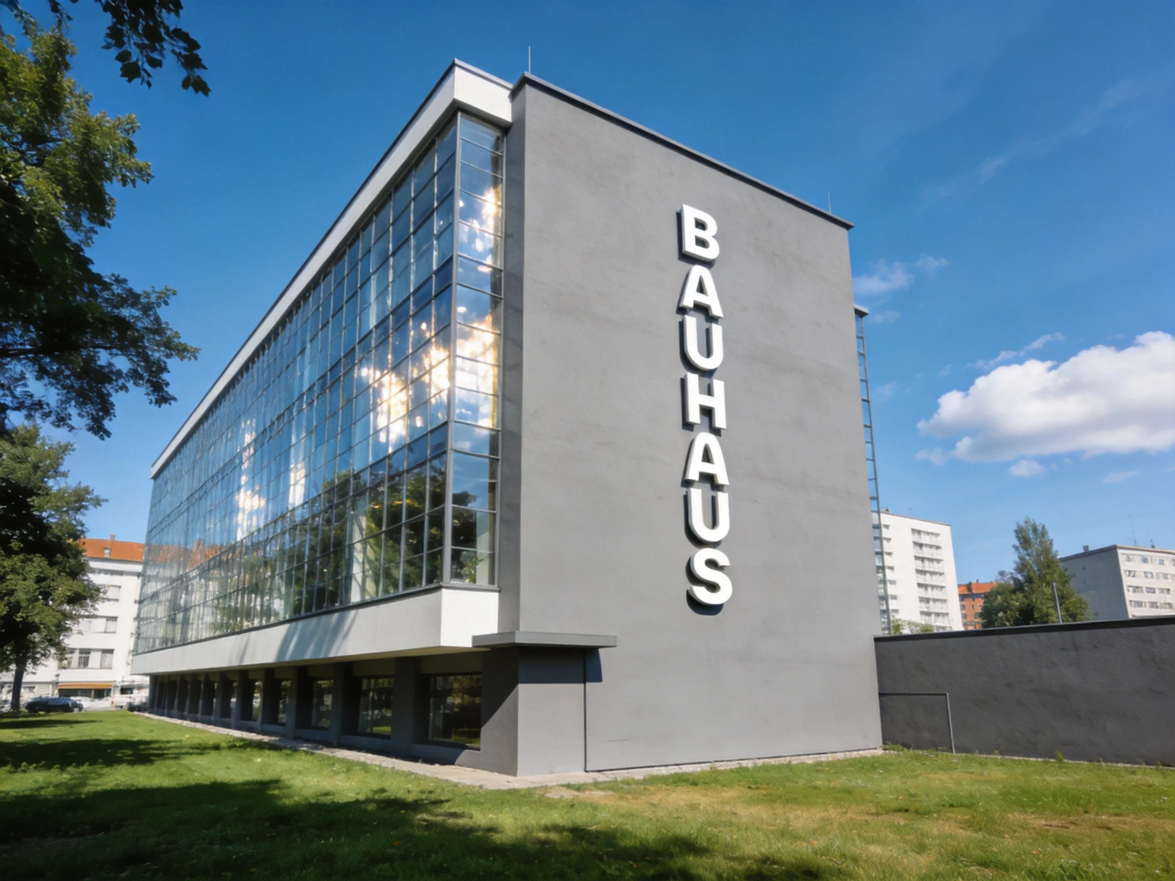 A modern gray Bauhaus building with extensive glass panels under a clear blue sky