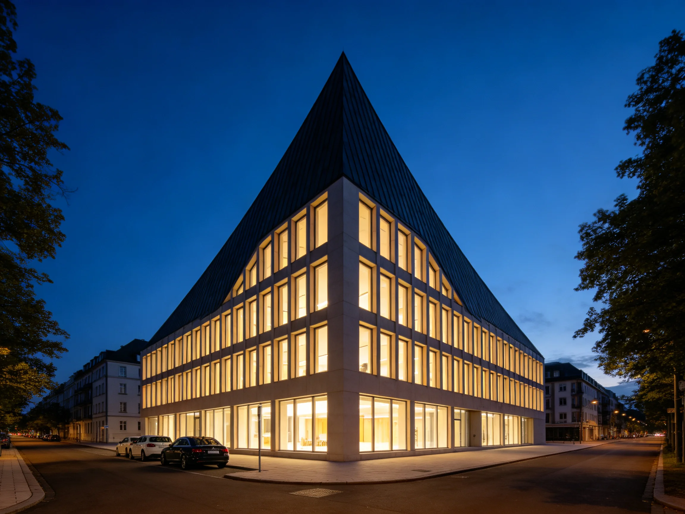 A modern pyramid - roofed building with illuminated windows at dusk